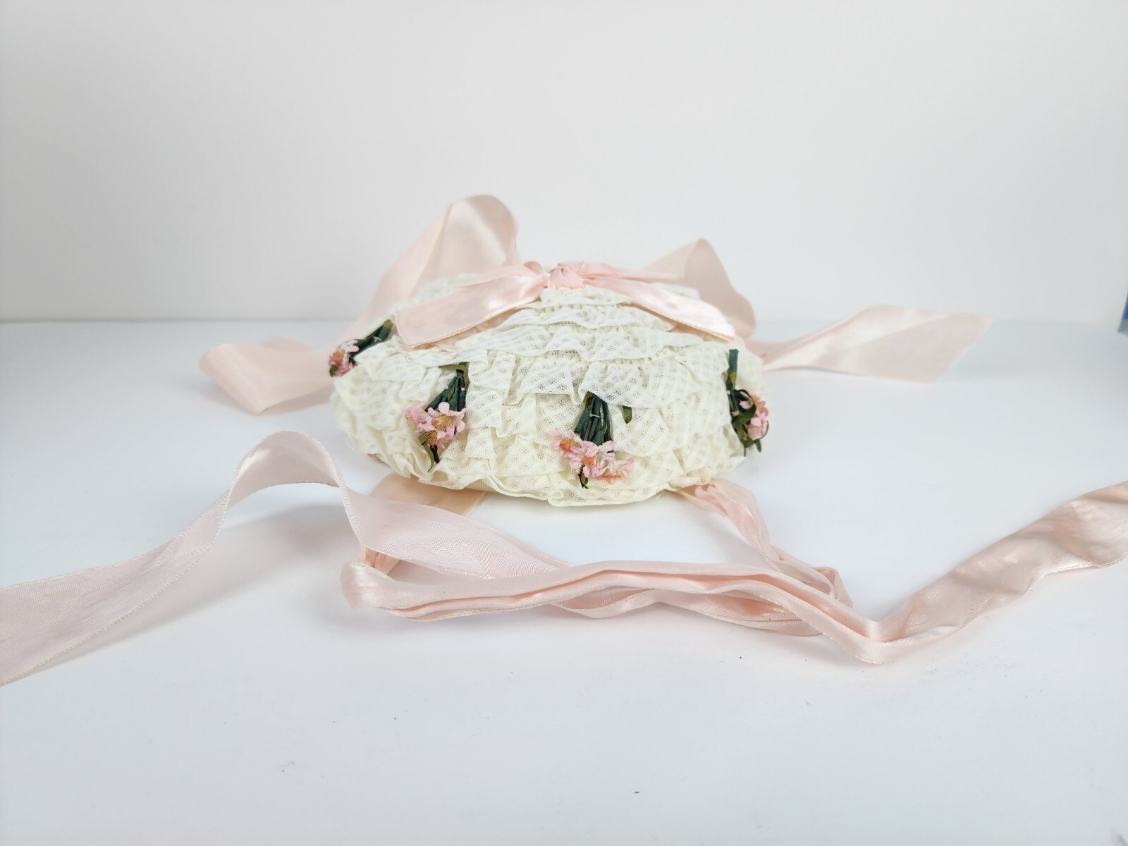 Antique Vintage Pillbox Hat White And Pink Floral With Lace With Ribbon
