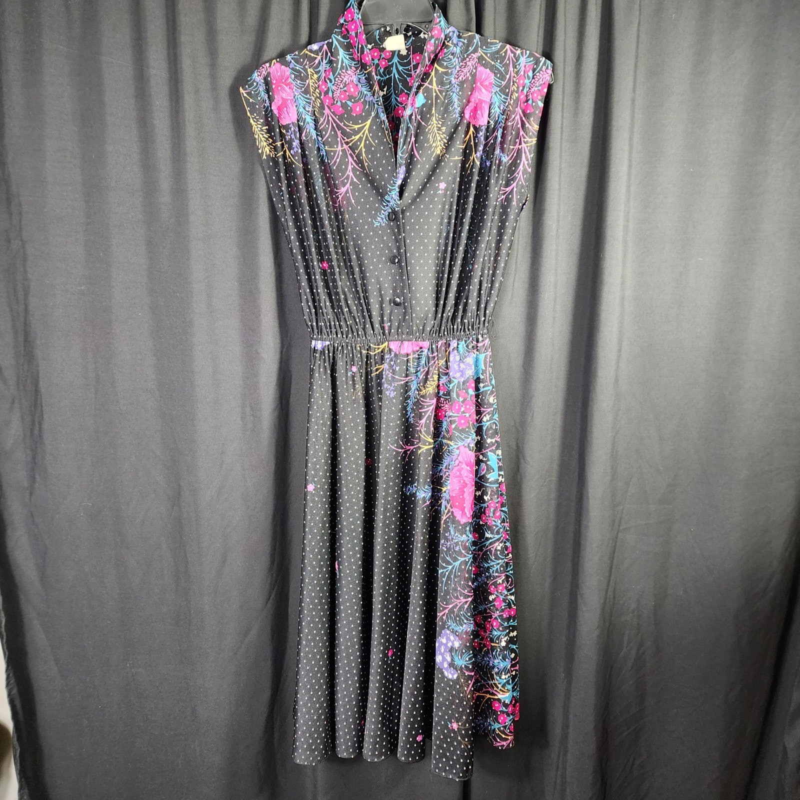 Black Polka Dot Floral Midi Dress Sleeveless Button Up Elastic Waist Grandmacore