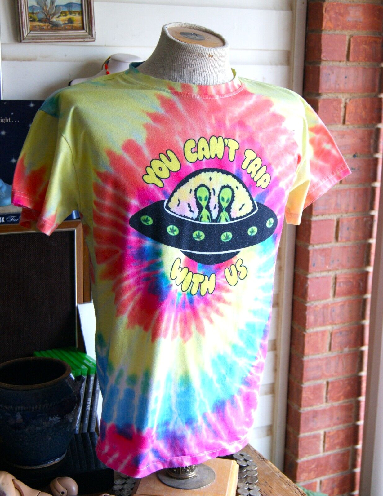 Vintage Tie-Dye Alien Pot UFO T-Shirt You Can’t Trip With Us Psychedelic Hippie