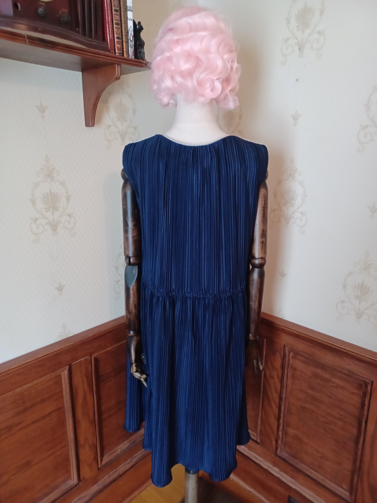 Vintage 1970s/80s Hal Ferman Sleeveless Accordion Pleat Navy Dress w/ White Trim