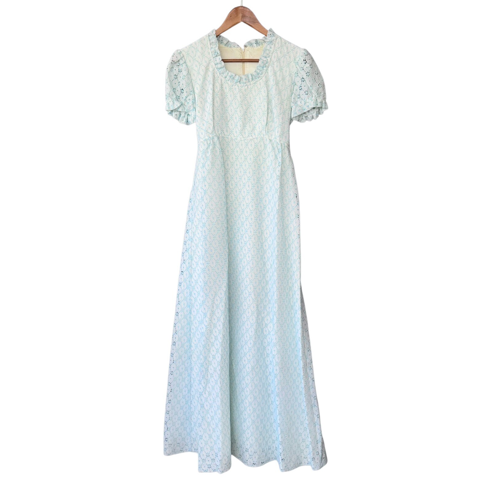 Vtg 70s Empire Waist Maxi Dress Aqua Blue Floral Lace Prom Bridesmaid XS S