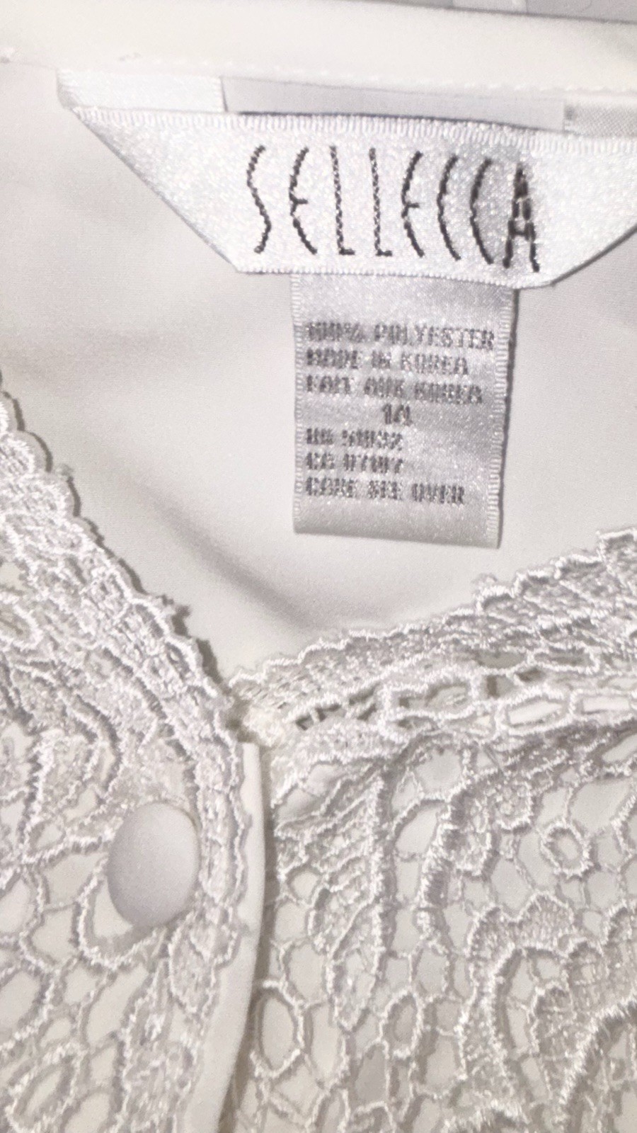 Vintage Sellecca Women Size 14 Button Up Short Sleeve Lace V-Neck Blouse Ivory