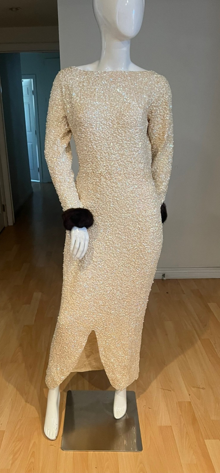 50’S VINTAGE GENE SHELLY’S BOUTIQUE SEQUIN MINK TRIM GOWN SIZE 14
