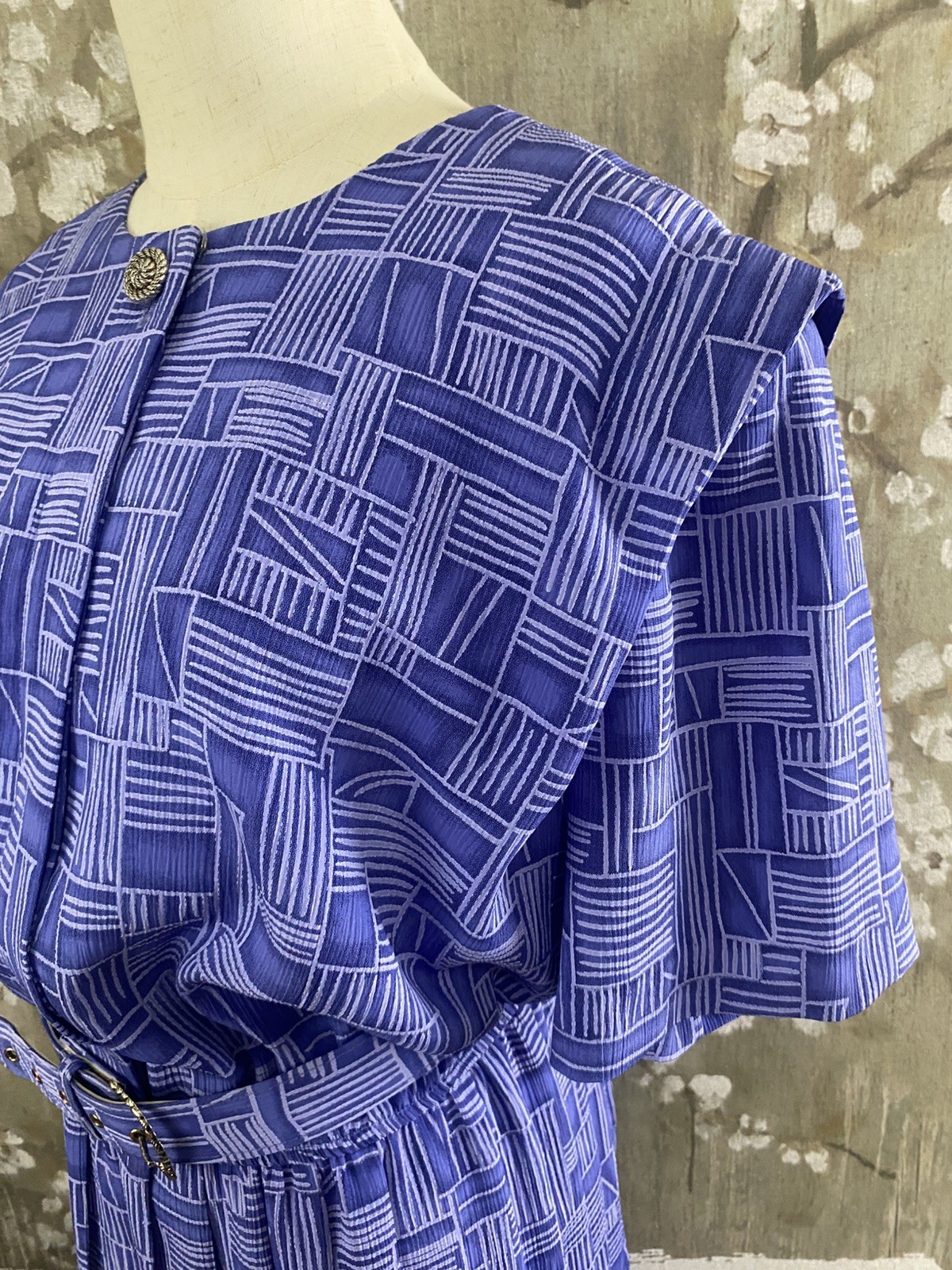 VTG LESLIE FAY SZ 16 Blue Geo Print w/Belt Midi Pleated Secretary Day Dress