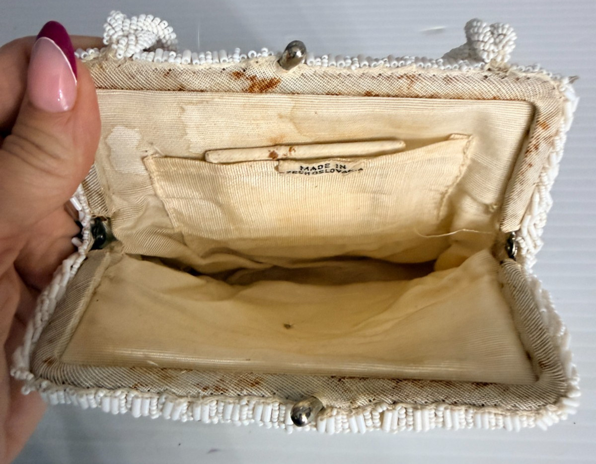 Vintage 1950s Czech Beaded Handbag White Glass Evening Purse Czechoslovakia
