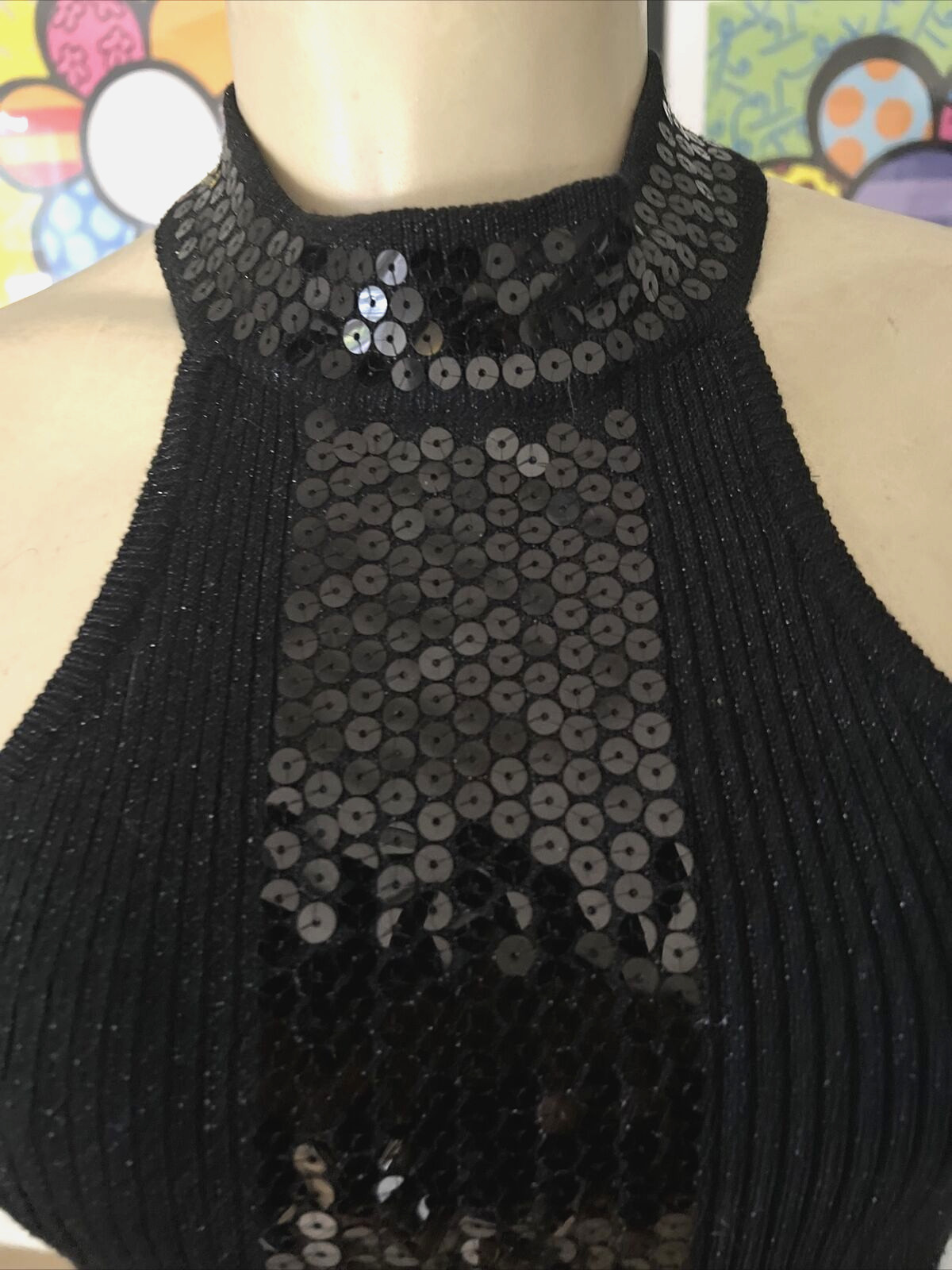 Black Silver Metallic W/Sequins Choker Halter Style Sleeveless Shirt M gts