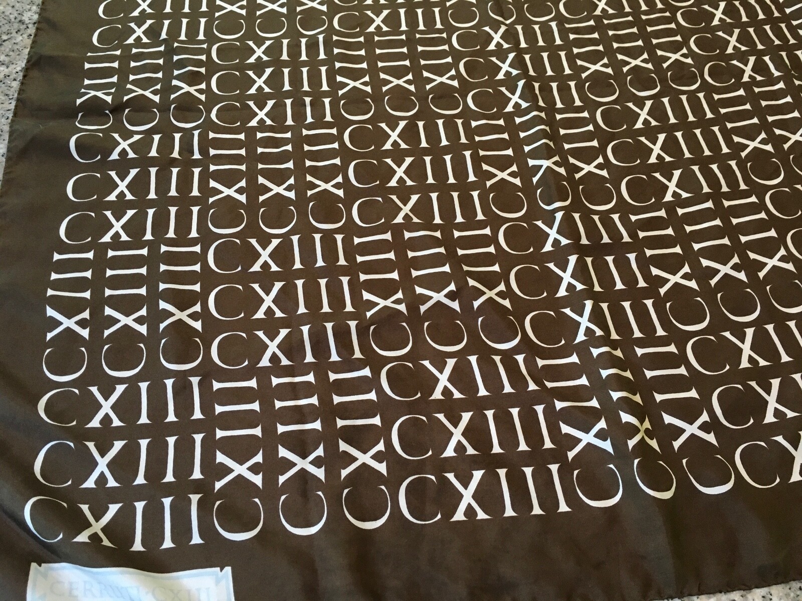 VINTAGE CERRUTI Silk CXlll Signature Square Brown Off-White Scarf Rolled Edges
