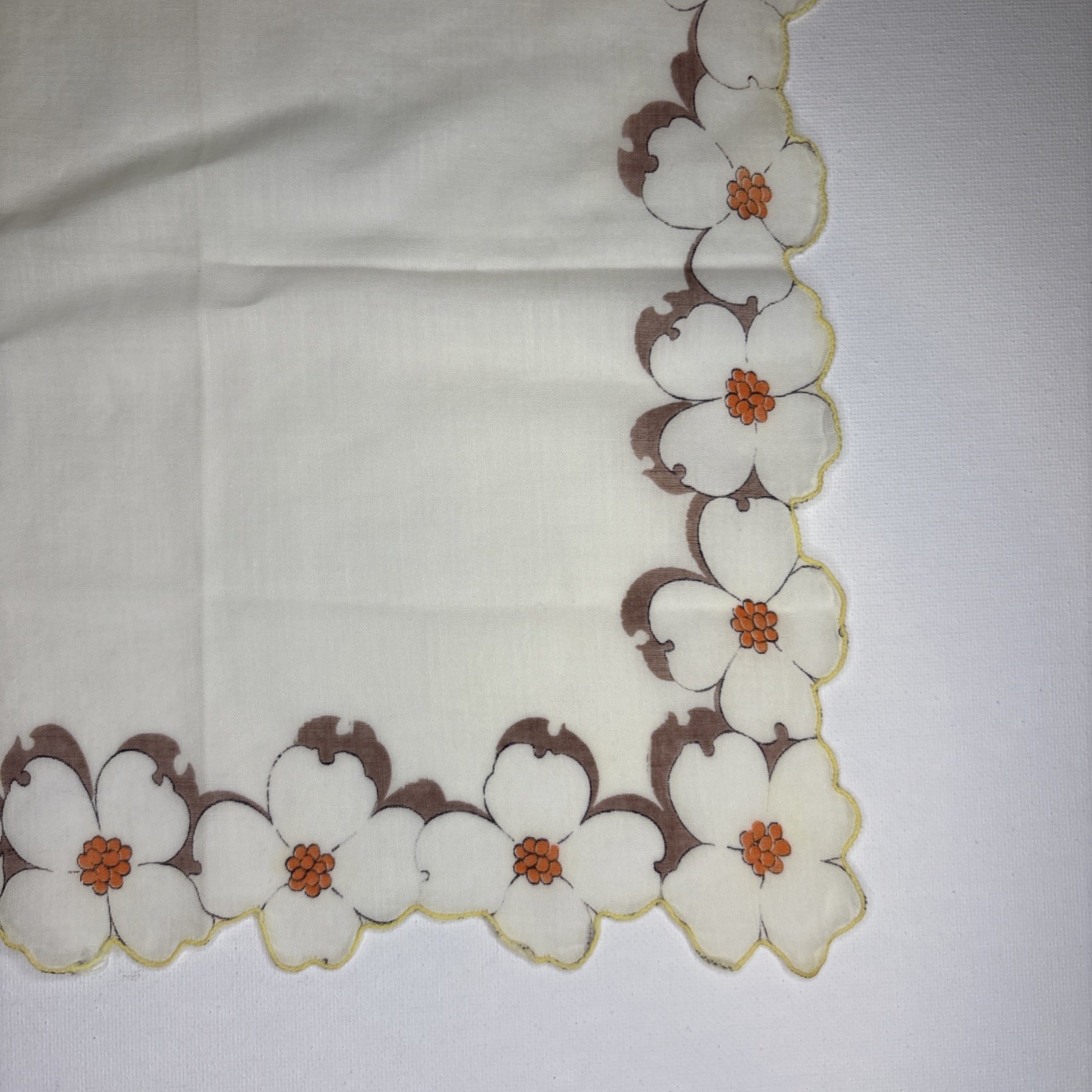 Vintage Handkerchief Floral Orange Brown 11.5” X 10.5” Hanky Hankie