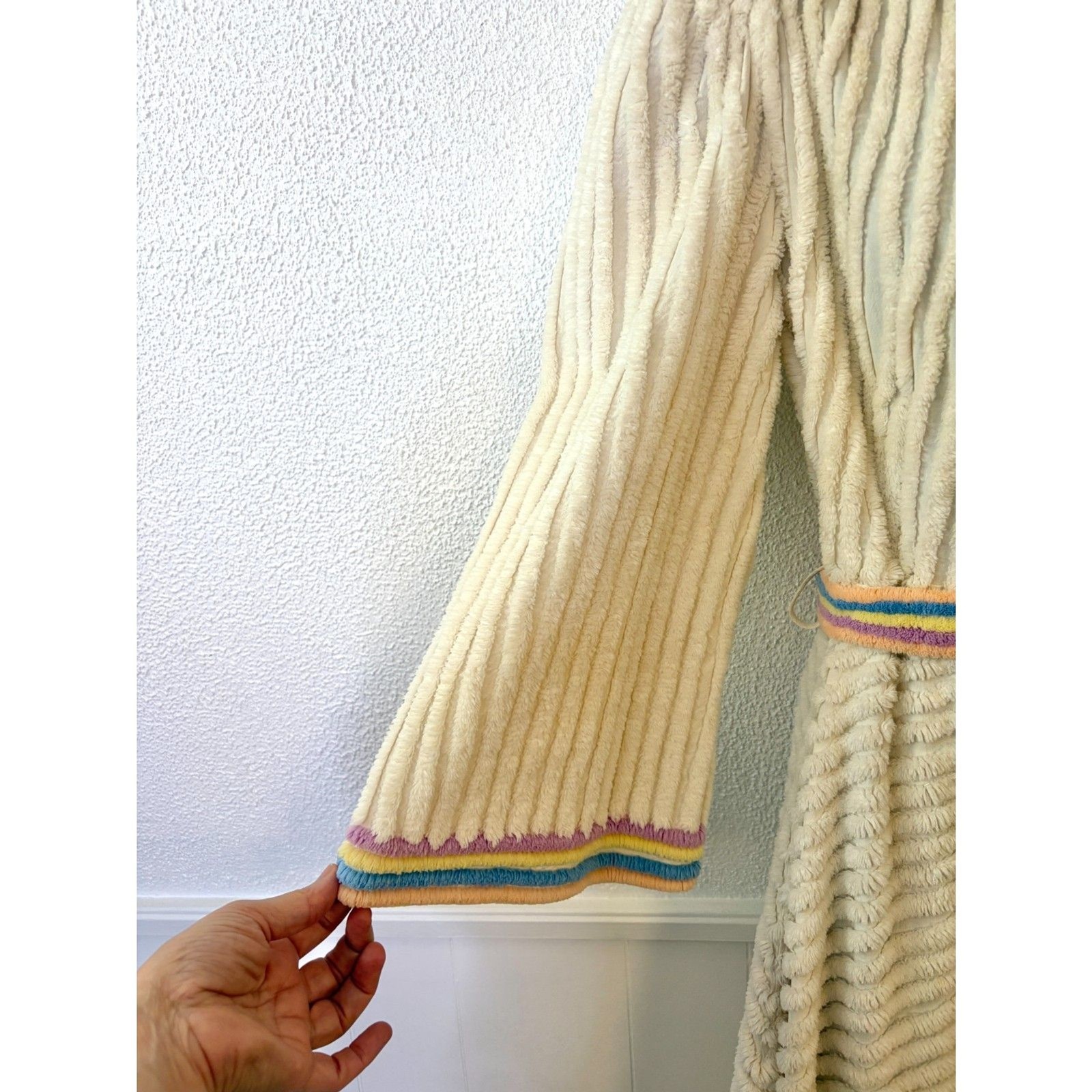 Vintage 40s/50s Cream Chenille Long Robe Pastel Rainbow Trim Bell Sleeve Small