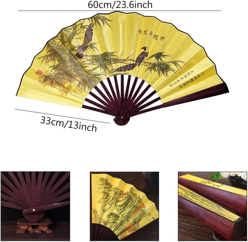 Folding Hand Fan,13 inch Bamboo Fabric Large Hand Fans with Chinese Tradition…