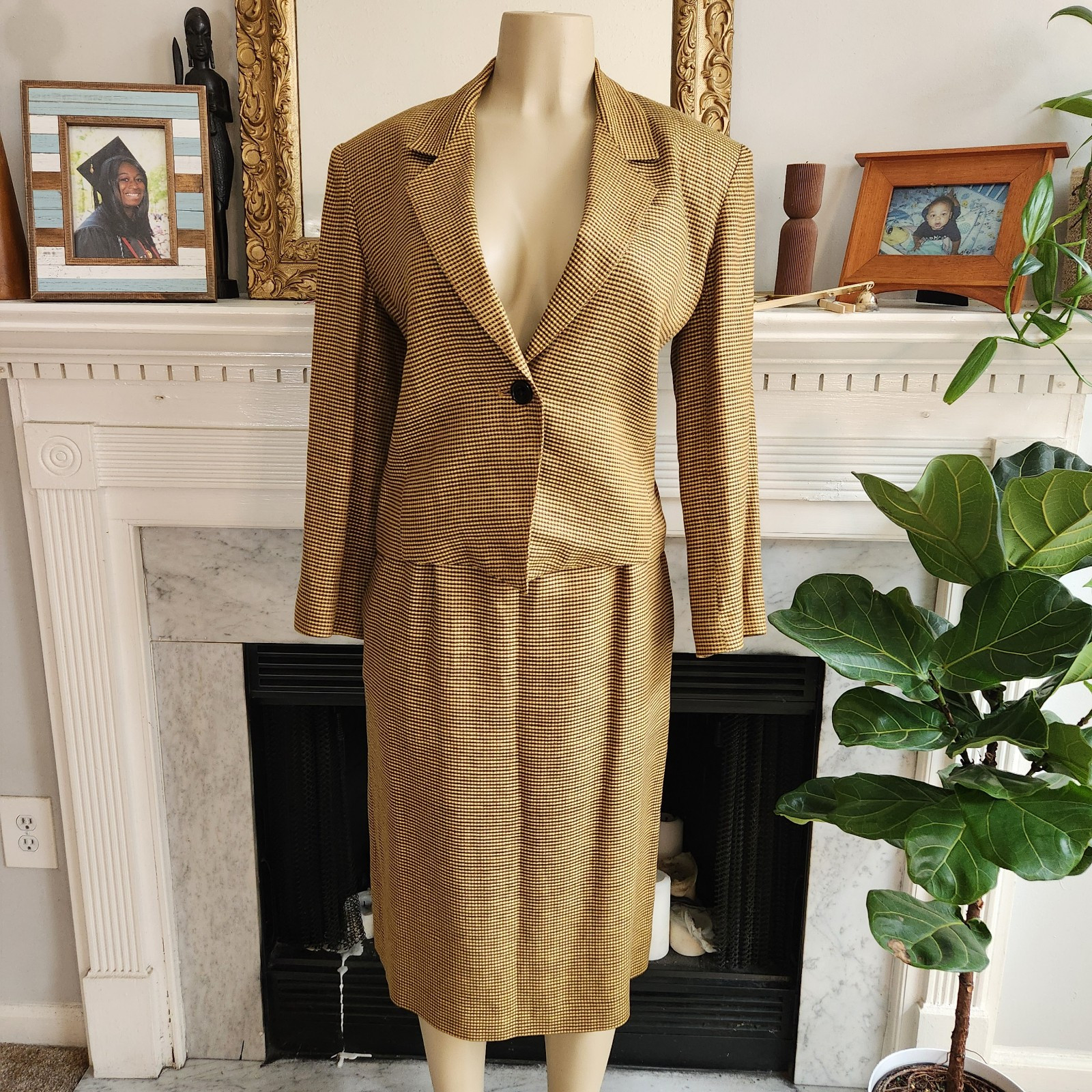 Vintage 80s Yellow Plaid Linen Skirt Suit Black Career Wear to Work Size 6
