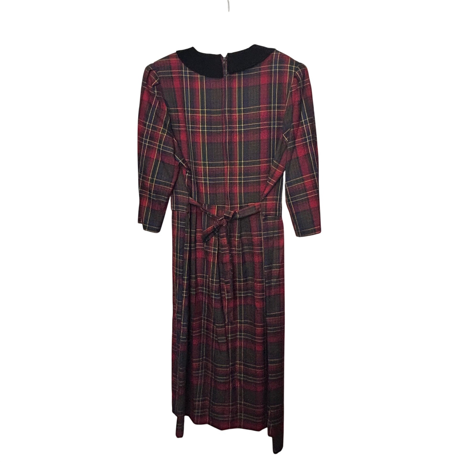Miss Dorby Vintage Plaid Midi Dress Velvet Collar Red Green 16P Academia