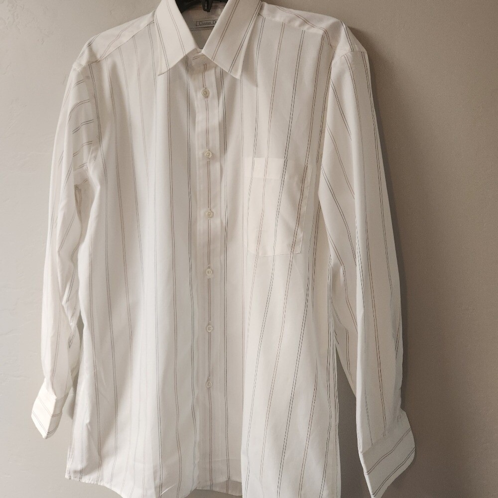 Vintage Christian Dior Plus Dress Shirt White Striped Mens Size 16 (L) Deadstock