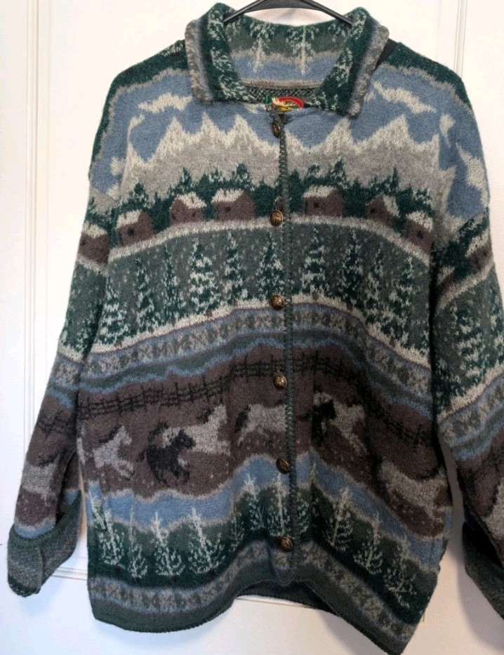 Vintage Alps 100% Wool Cardigan Sweater Women’s XL Mountain Scene Horse Cabin