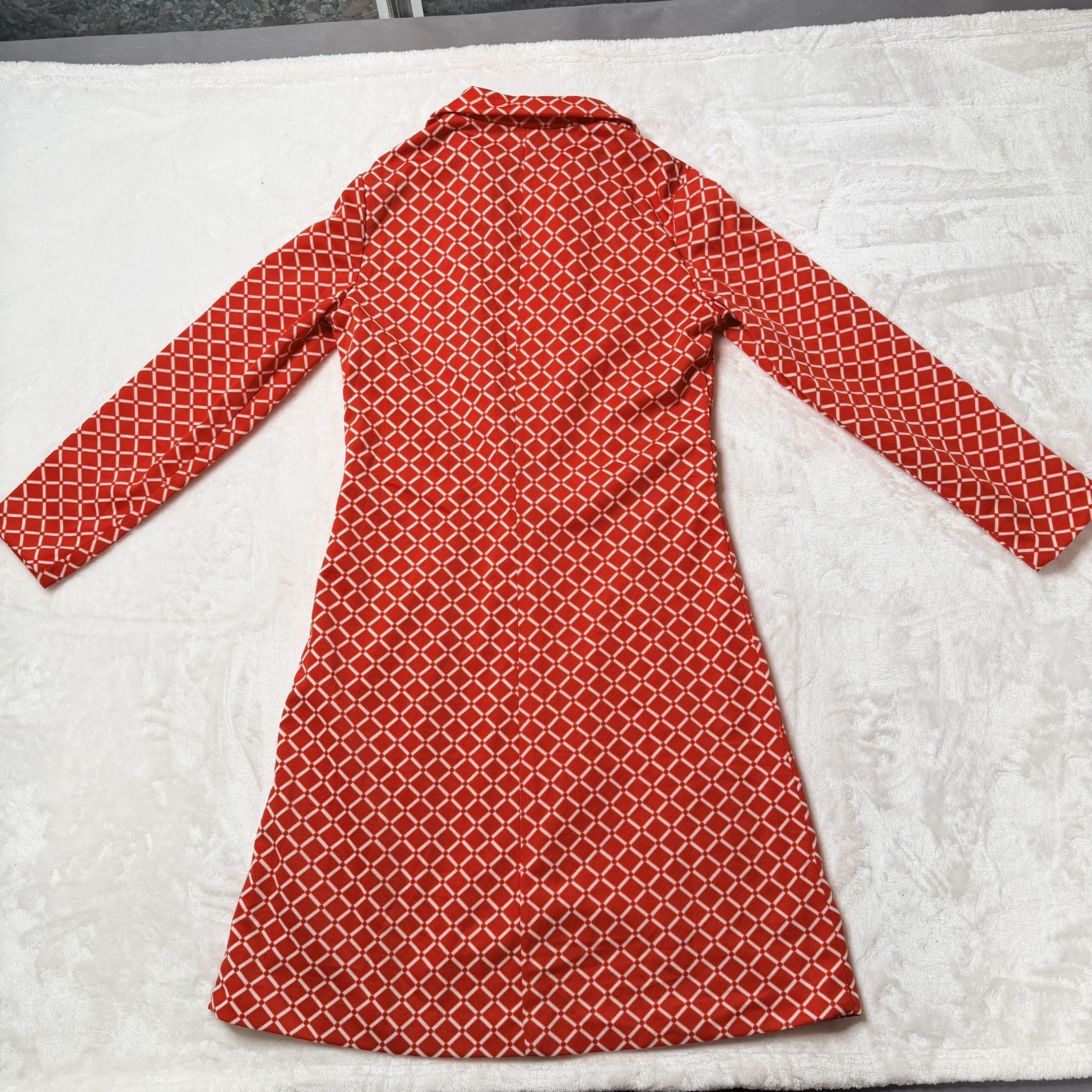 Rare Vintage Red Geometric Long-Sleeve Dress 70s Retro Mod