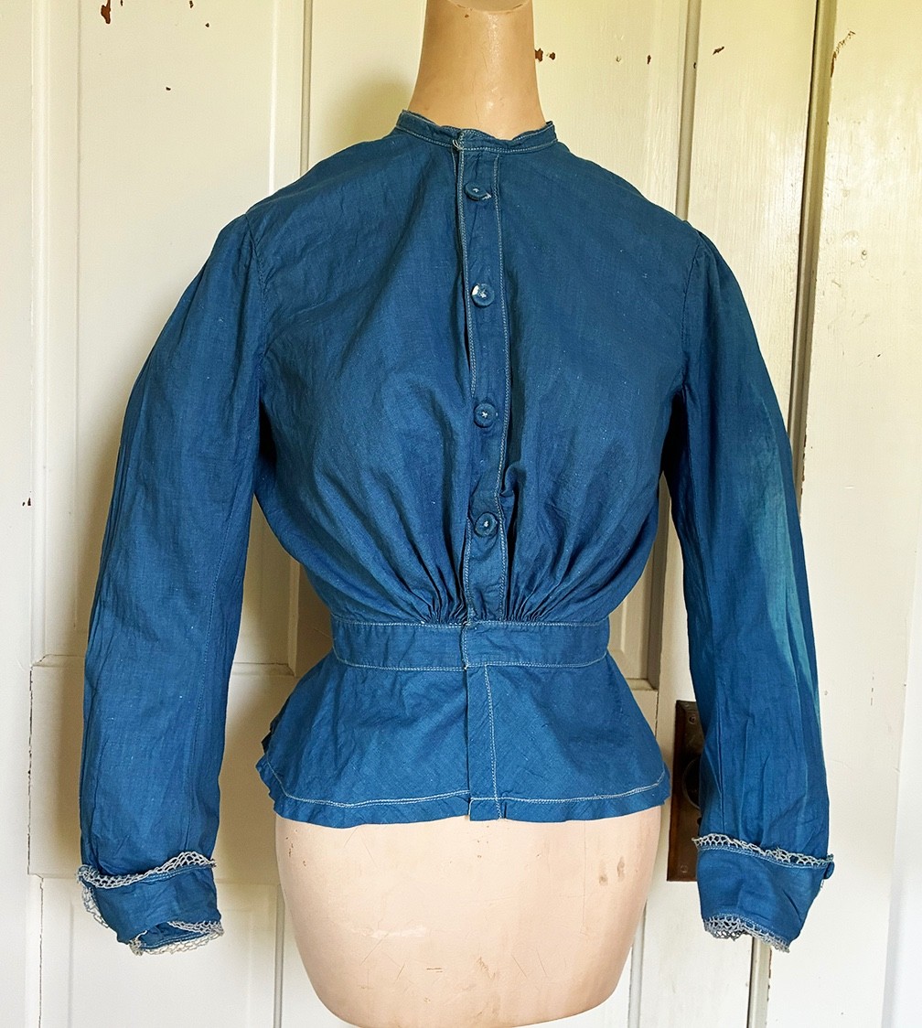 Antique Prairie Ladies Bodice Indigo Blue Cotton Blouse with Peplum Sz XS – S