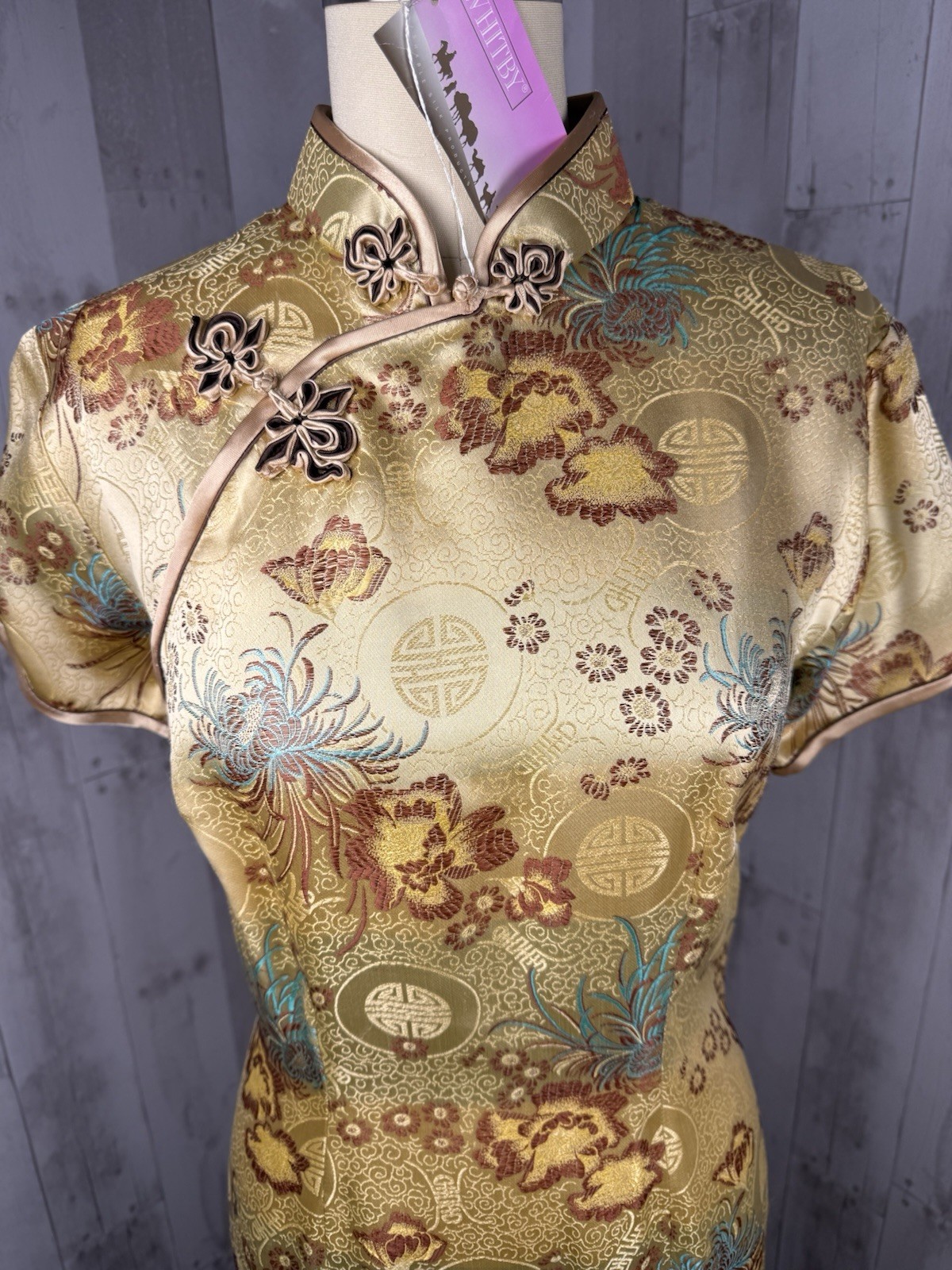 Vintage Cheongsam Dress Gold Satin Brocade Qipao Floral Deadstock S/M