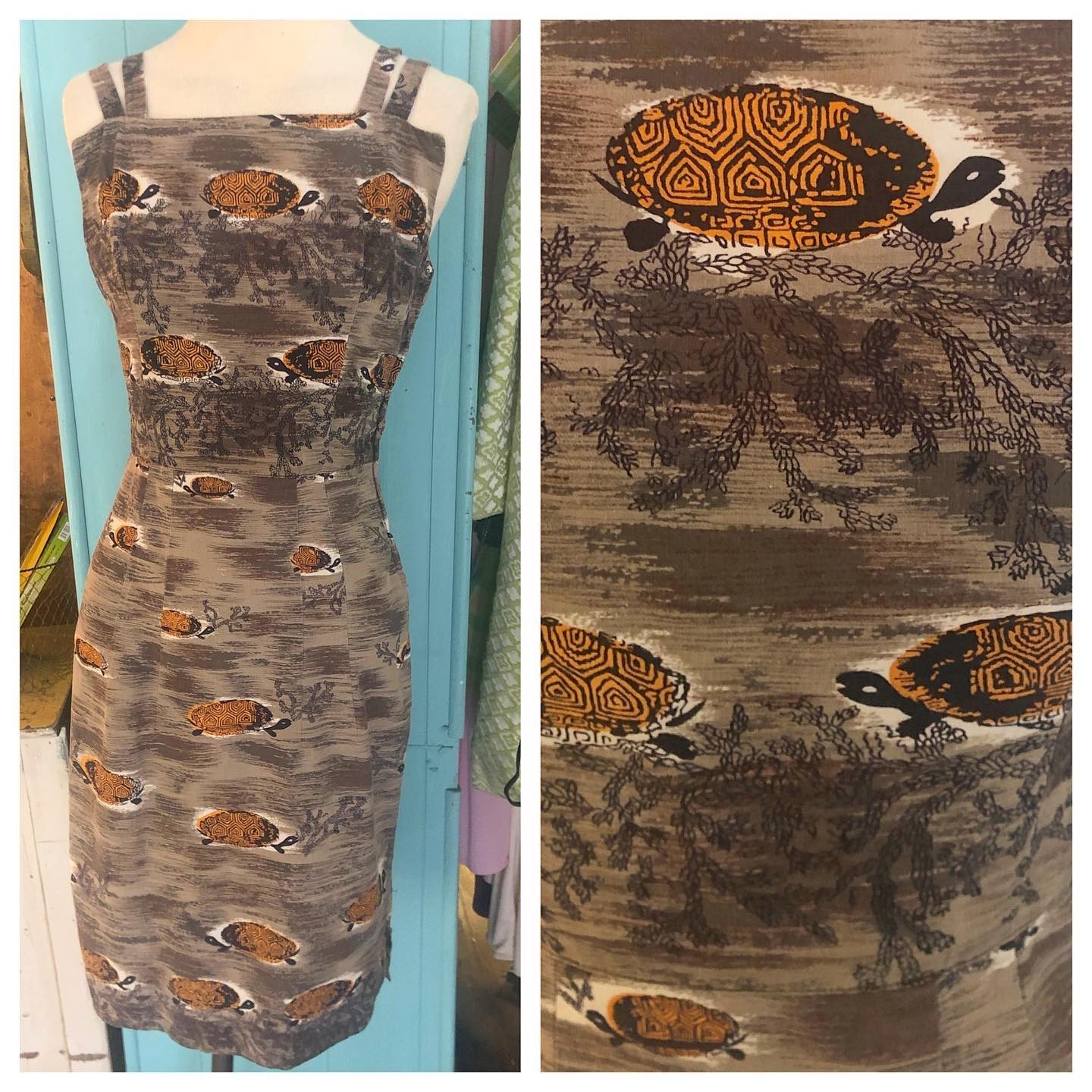 Vtg 50s HELEN WHITING Sundress Dress Turtle Novelty Print Sheath Wiggle Cocktail
