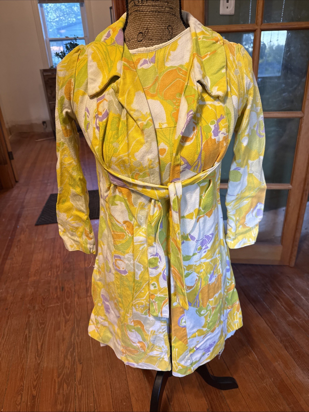 Vintage 1960s Yellow Floral Mini Dress With Over Coat Jacket