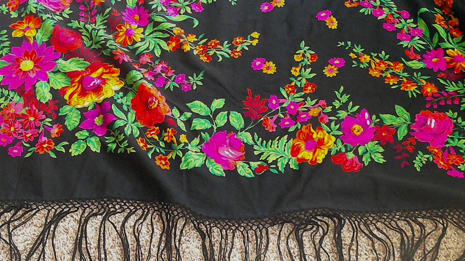 Piano Wrap Shawl Scarf Fringes Bright Floral 58X58 vintage, signed, Silk?