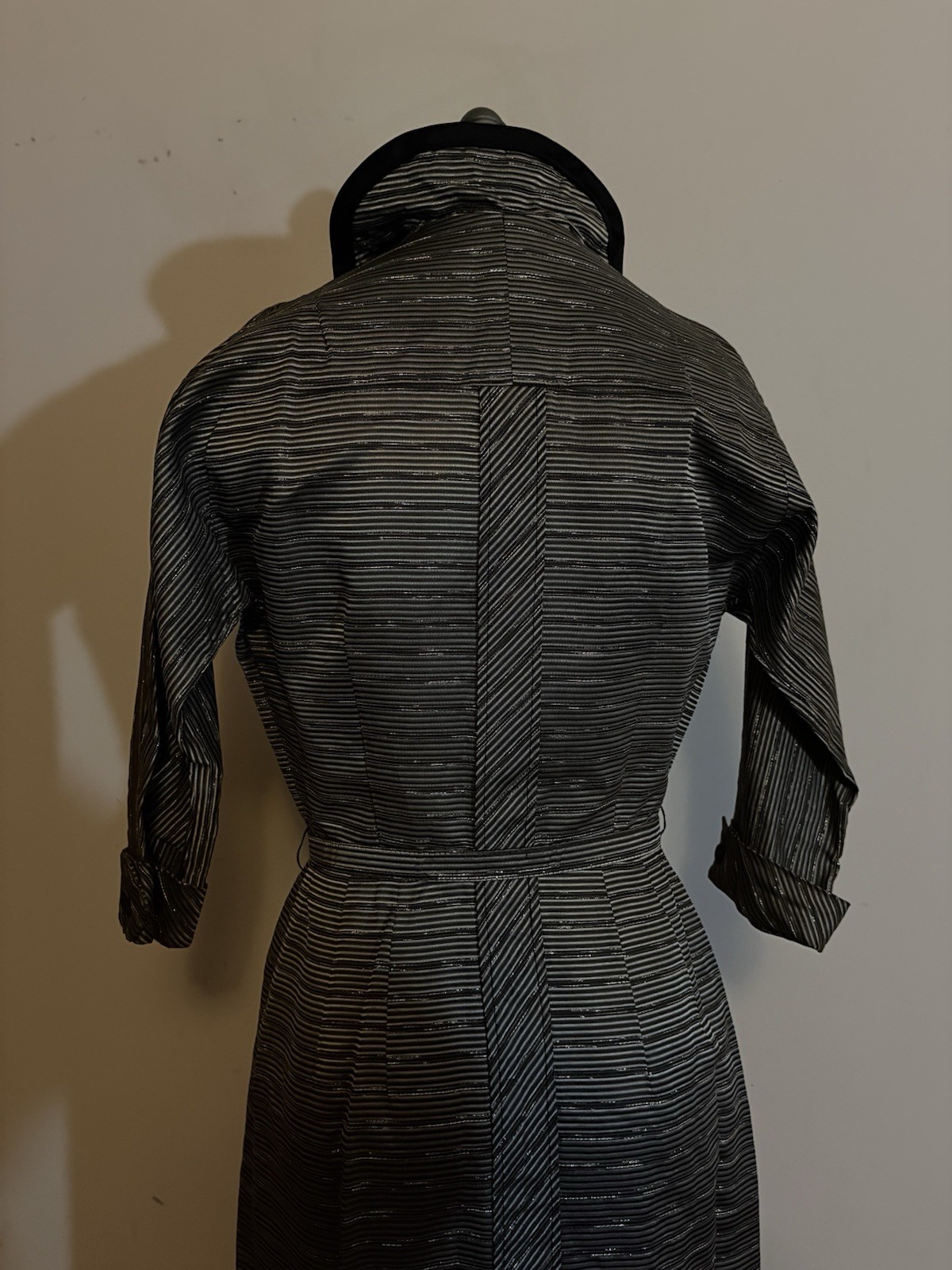 Vintage 1950s Women’s Black & Silver Striped Button Up Dress Dolman Sleeves