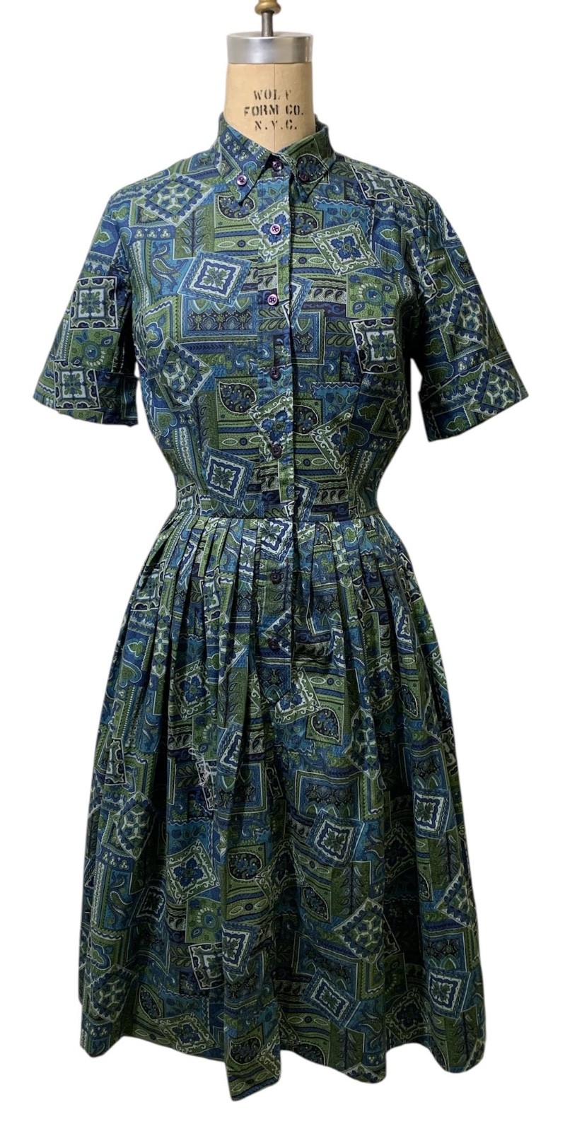Vintage 60s Women’s SS Blue Green Paisley Cotton Shirtwaist Dress – Sz M
