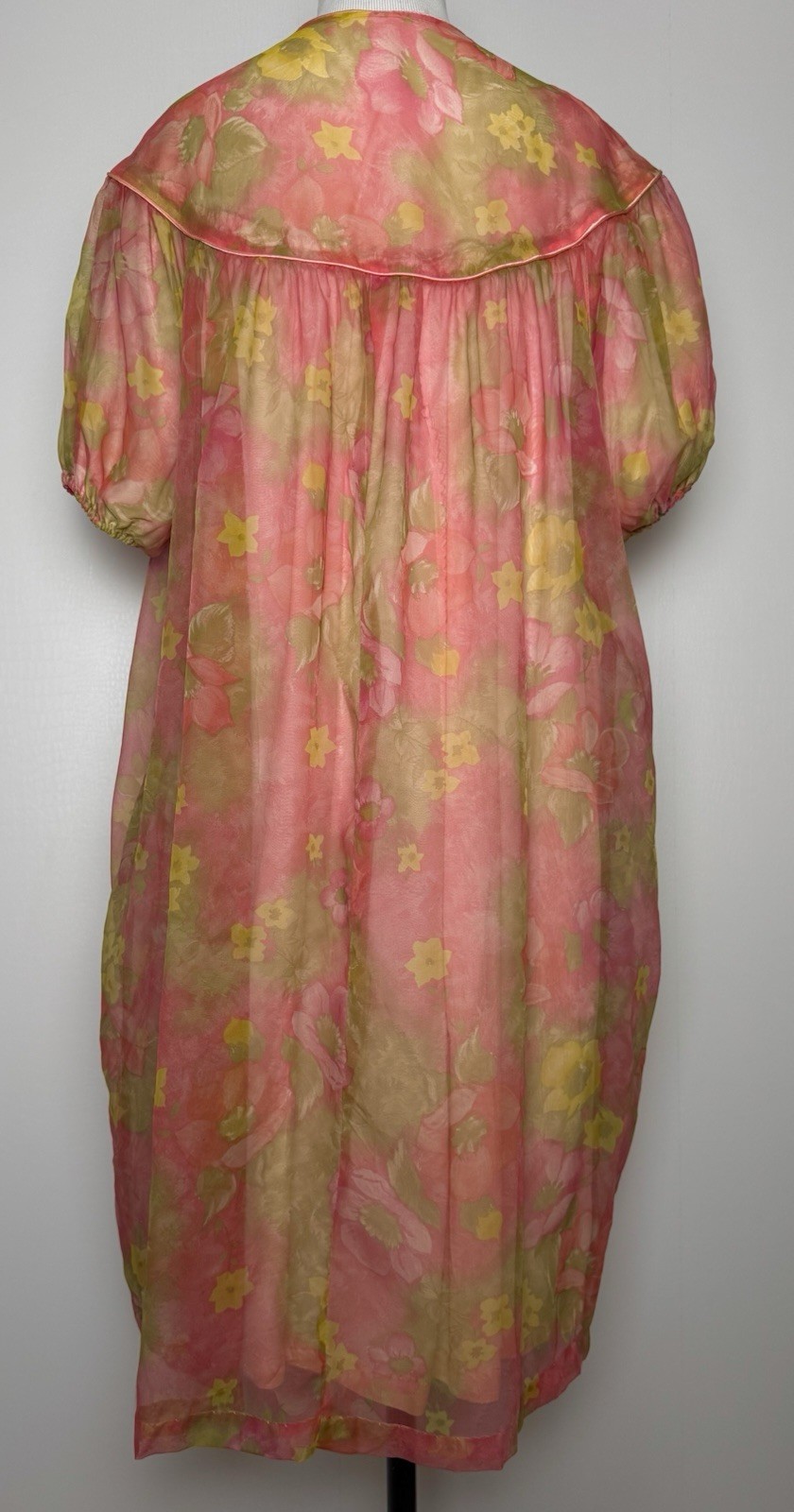 Vtg 60s Sheer Hostess Robe M Dreamy Floral Pink Yellow Puff Sleeve Lounge
