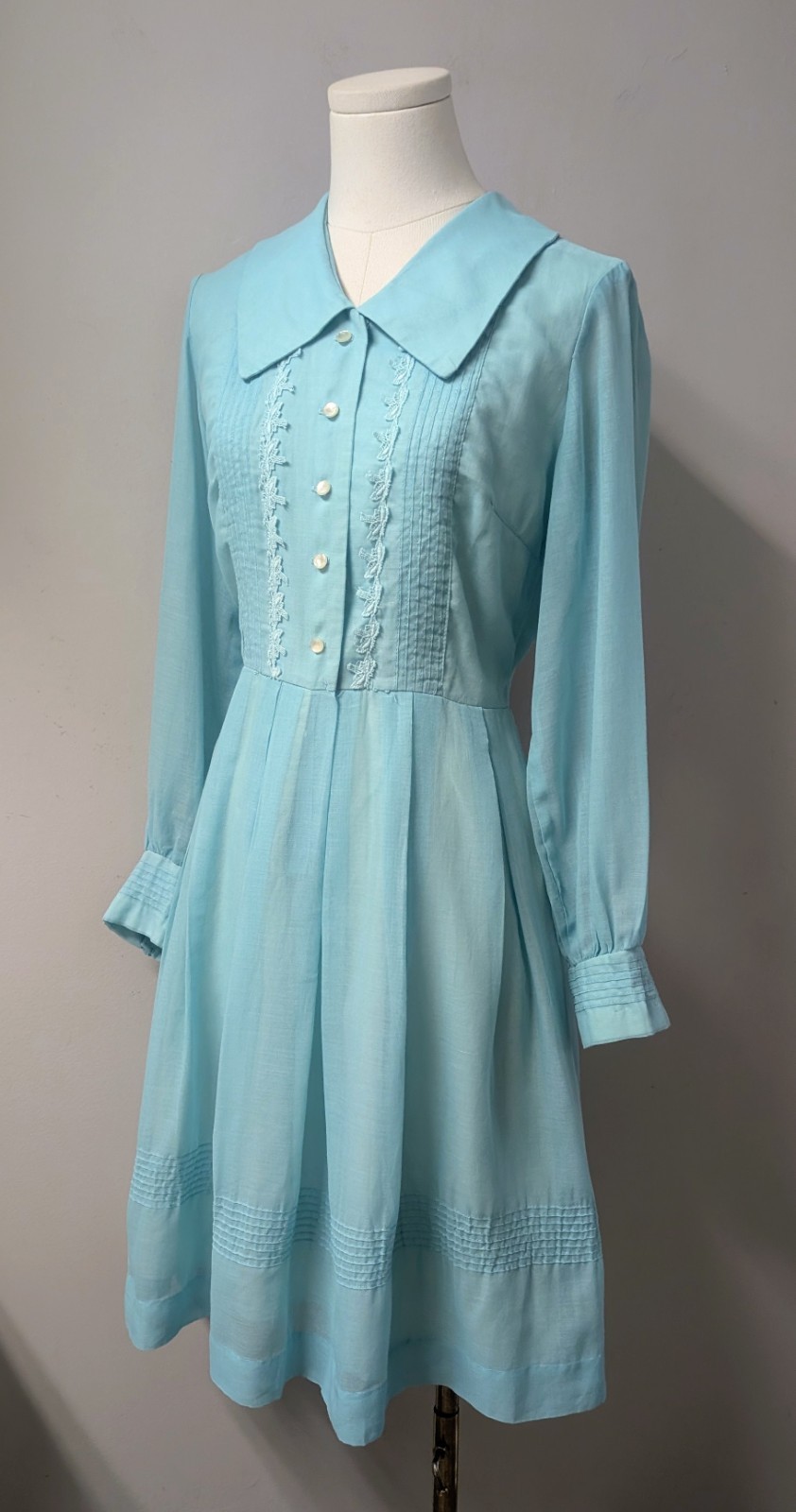 Vintage 60’s Aqua Voile Fit And Flare Dress Sheer Sleeves Pintucks S/M