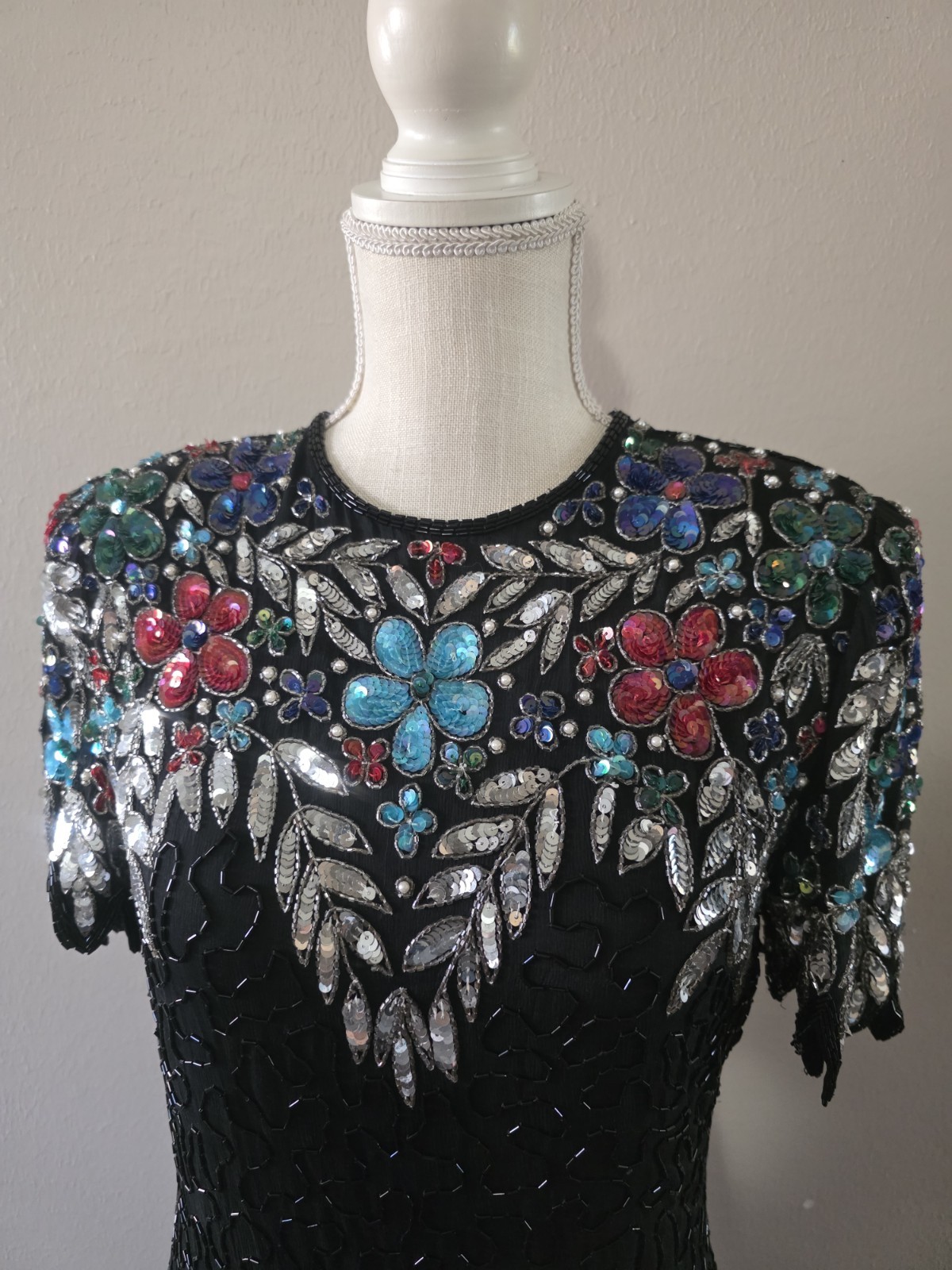 Vintage Black Silk Beaded Cocktail Gown Small With Sequins Sheath Short Sleeve