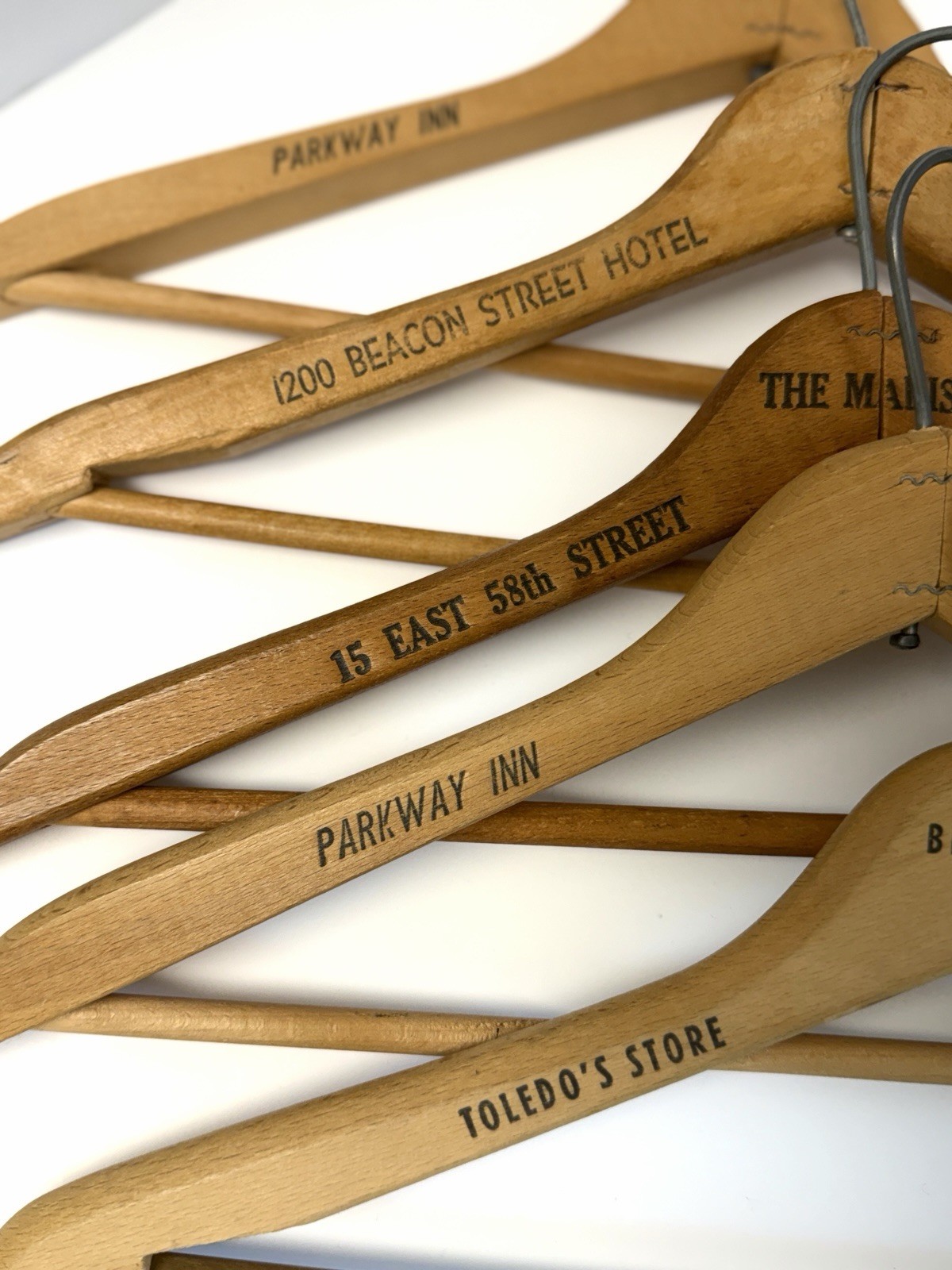 Vintage Wooden Clothes Hangers Motels NY OH MA Advertising Set Of 5