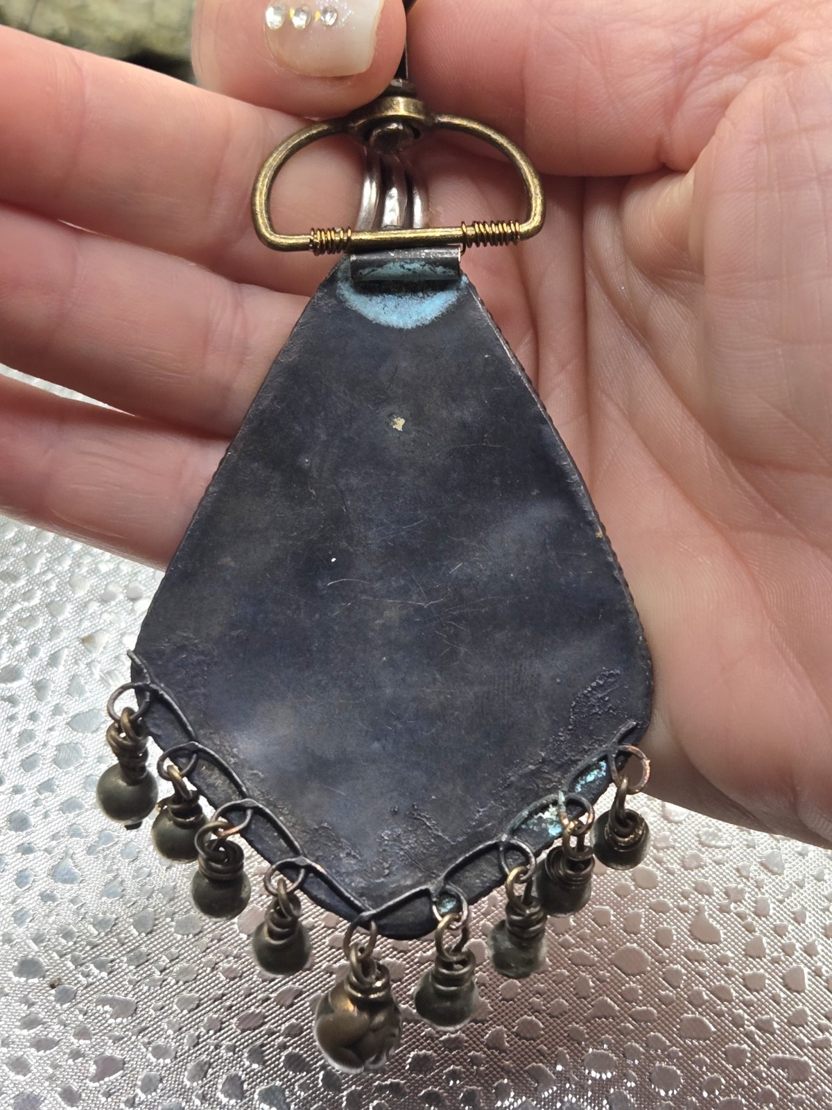 Vtg Brutalist Viking Tribal Medallion Dangle Bead Hand Bag Purse Keychain Clip