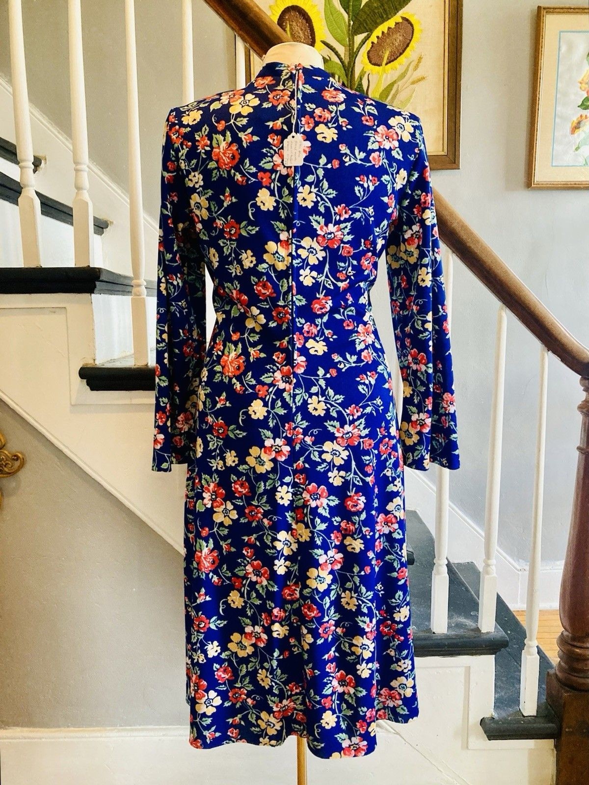 1970s Blue Floral Midi Dress Disco Hippie Boho Day Dress Wear To Work Volup