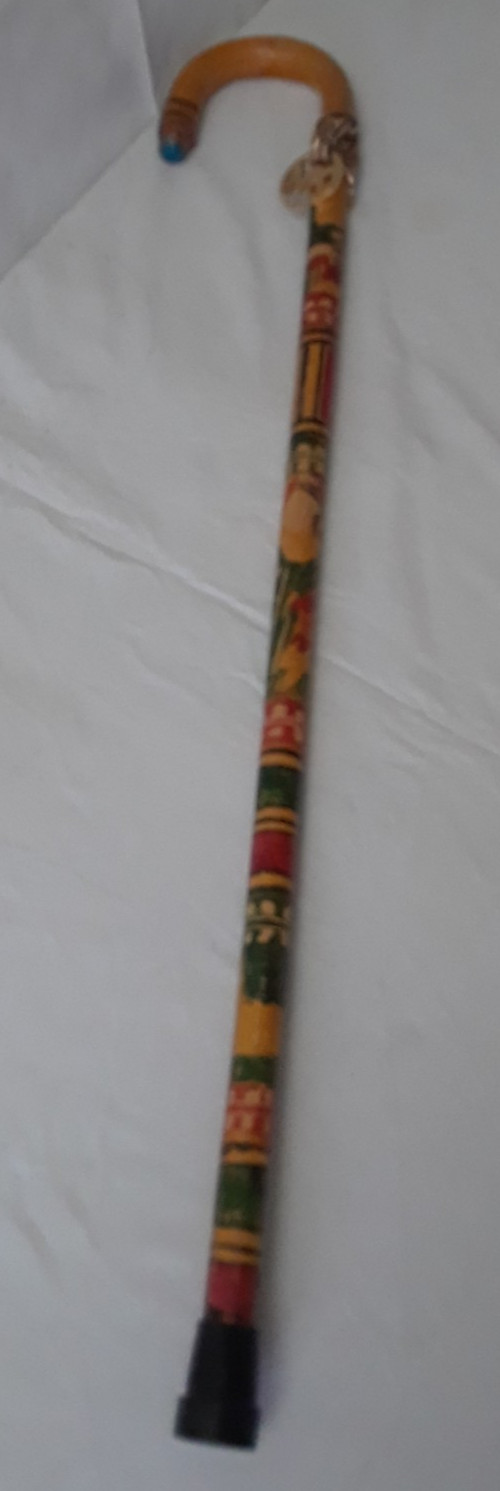 Vintage 37 in Hand Carved Wood Hook Handle Colorful with Michael Kors Charm Cane