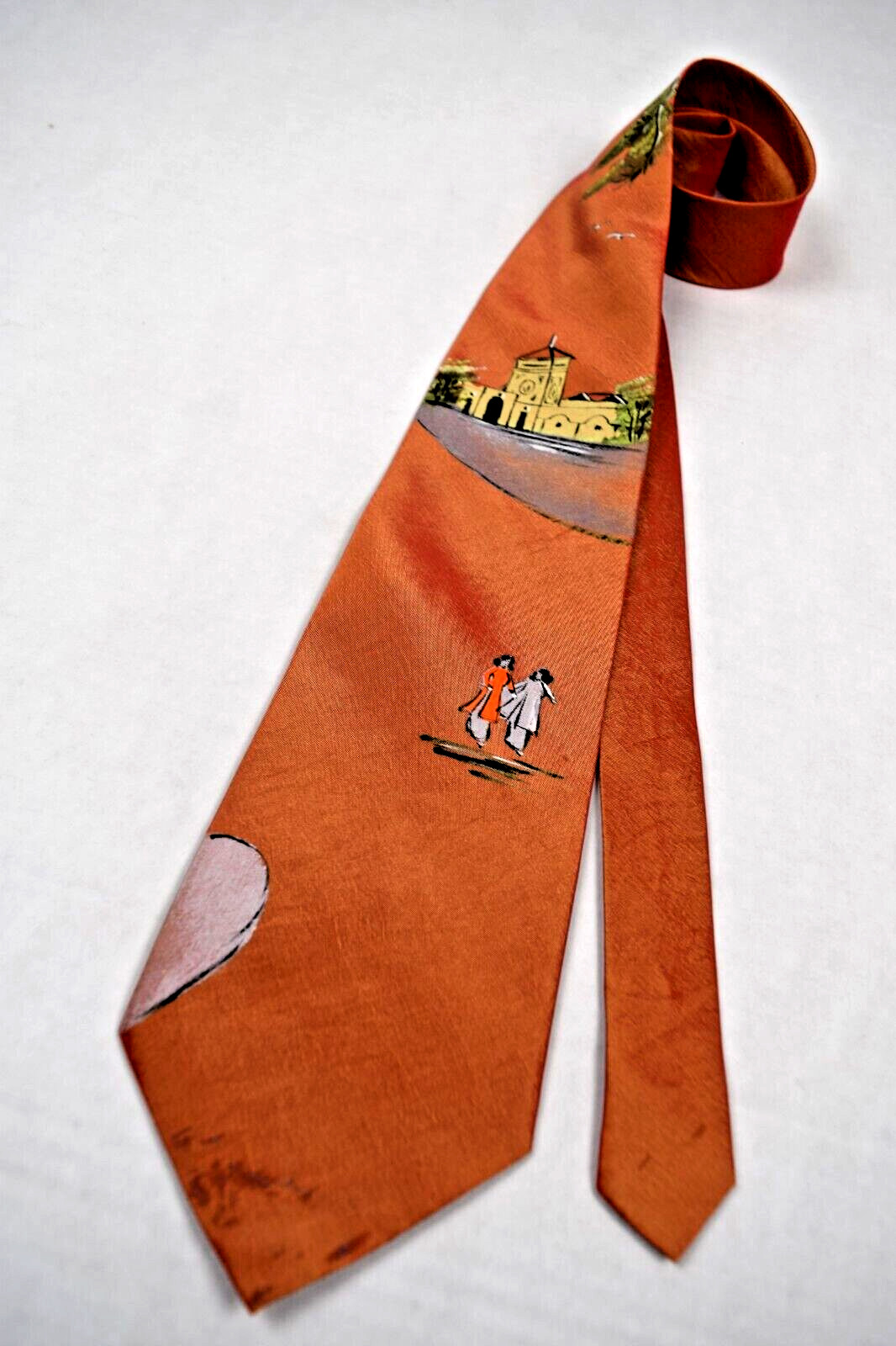 Neck Tie VTG 40s 50s Hand Painted Asian Theme Women Walking Building Tie 53 x 4″