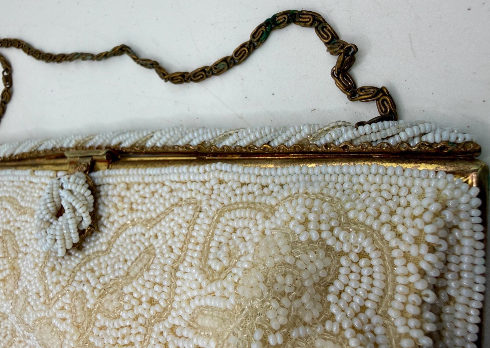 Vintage Mid-Century White Evening Bag Hand-Beaded in France with Gold-Tone Frame