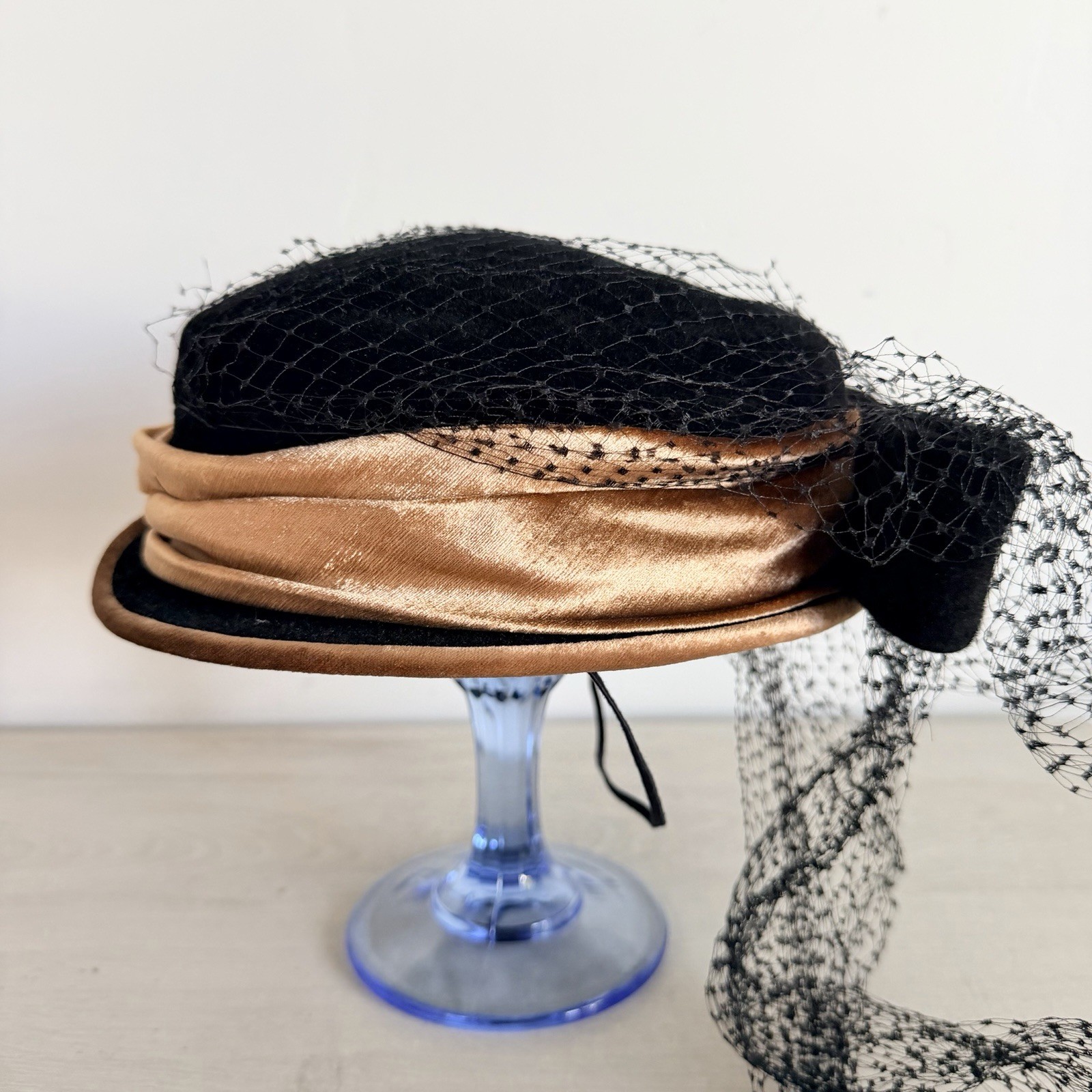 Vintage Original By Michael Terre Hat Black Velvet Gold Silk Band Birdcage Veil