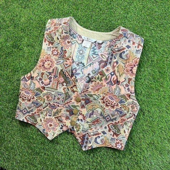 Vintage 90s Bar None Floral Tapestry Vest Multicolor Boho Cottage Core Western L