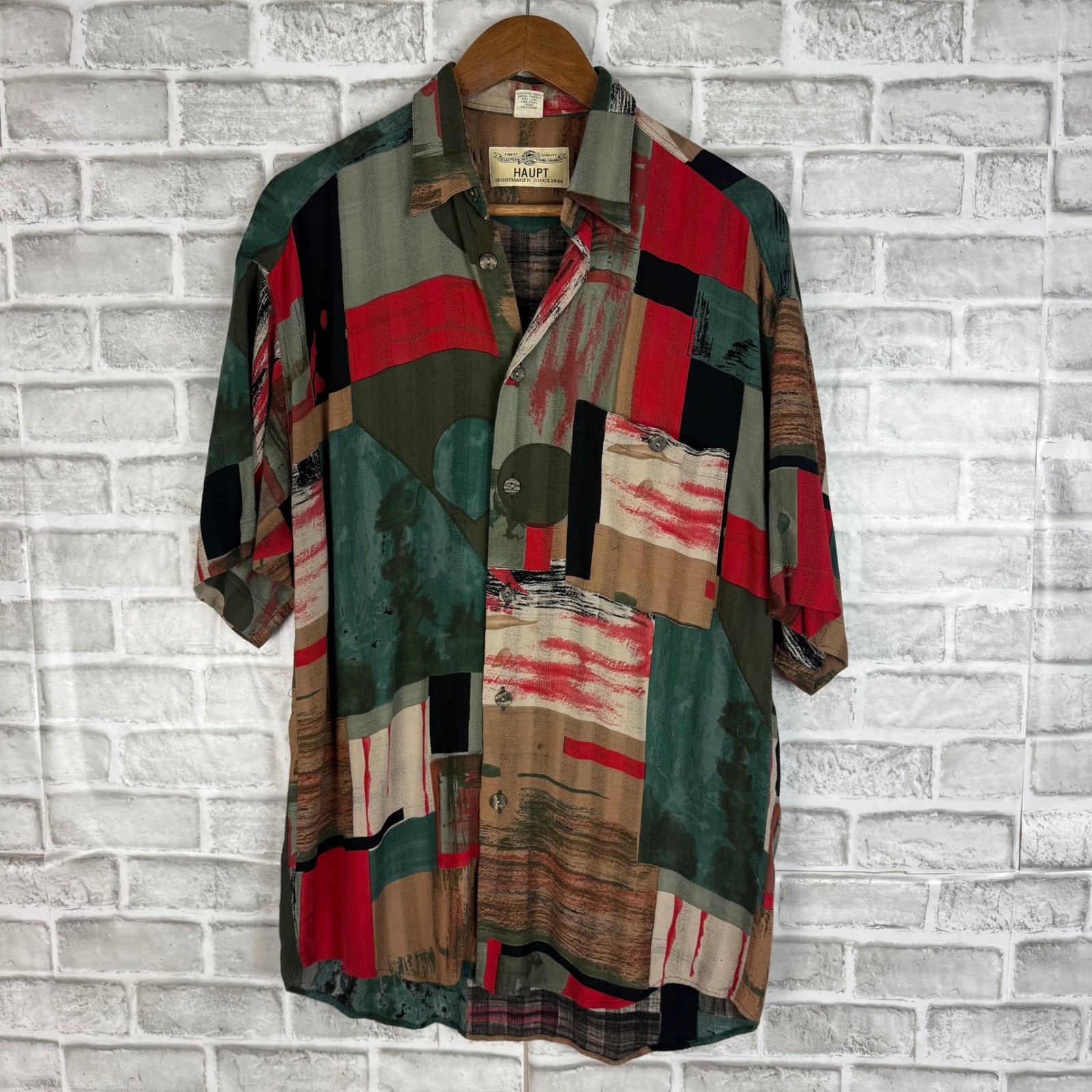 Vintage Haupt Mens Abstract Geometric Patchwork Shirt Made in Germany Viscose S