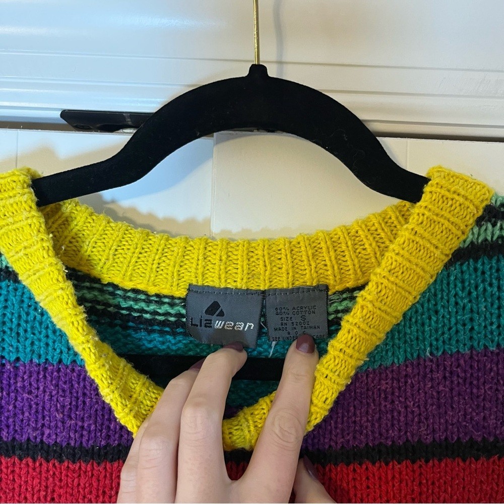 Vintage 80s Colorful Striped Sweater Geometric Granola Cabin Knit Chunky Small