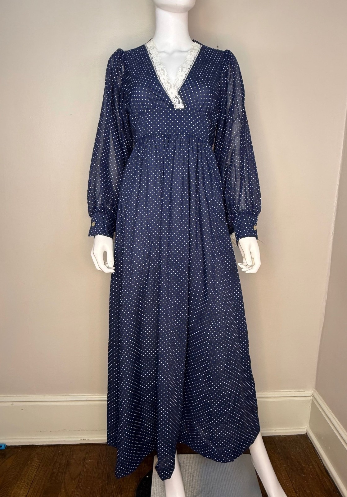 Vintage 1970s Navy Blue Polka Dot Maxi Dress 70s Huge Bishop Sleeves Lace Trim
