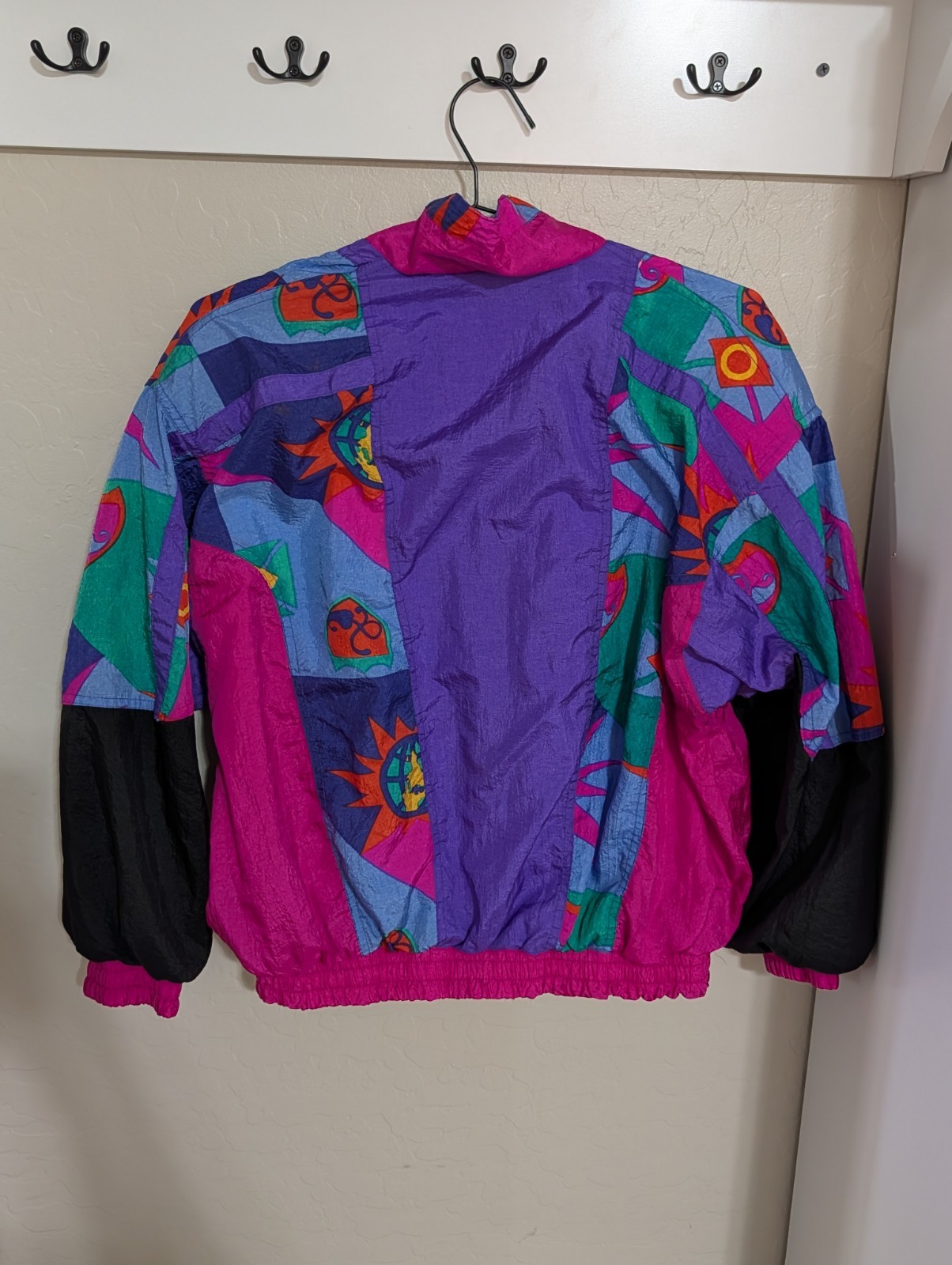 Vintage Rainbow West Iridescent Nylon Bomber Jacket Abstract Print 80s Large