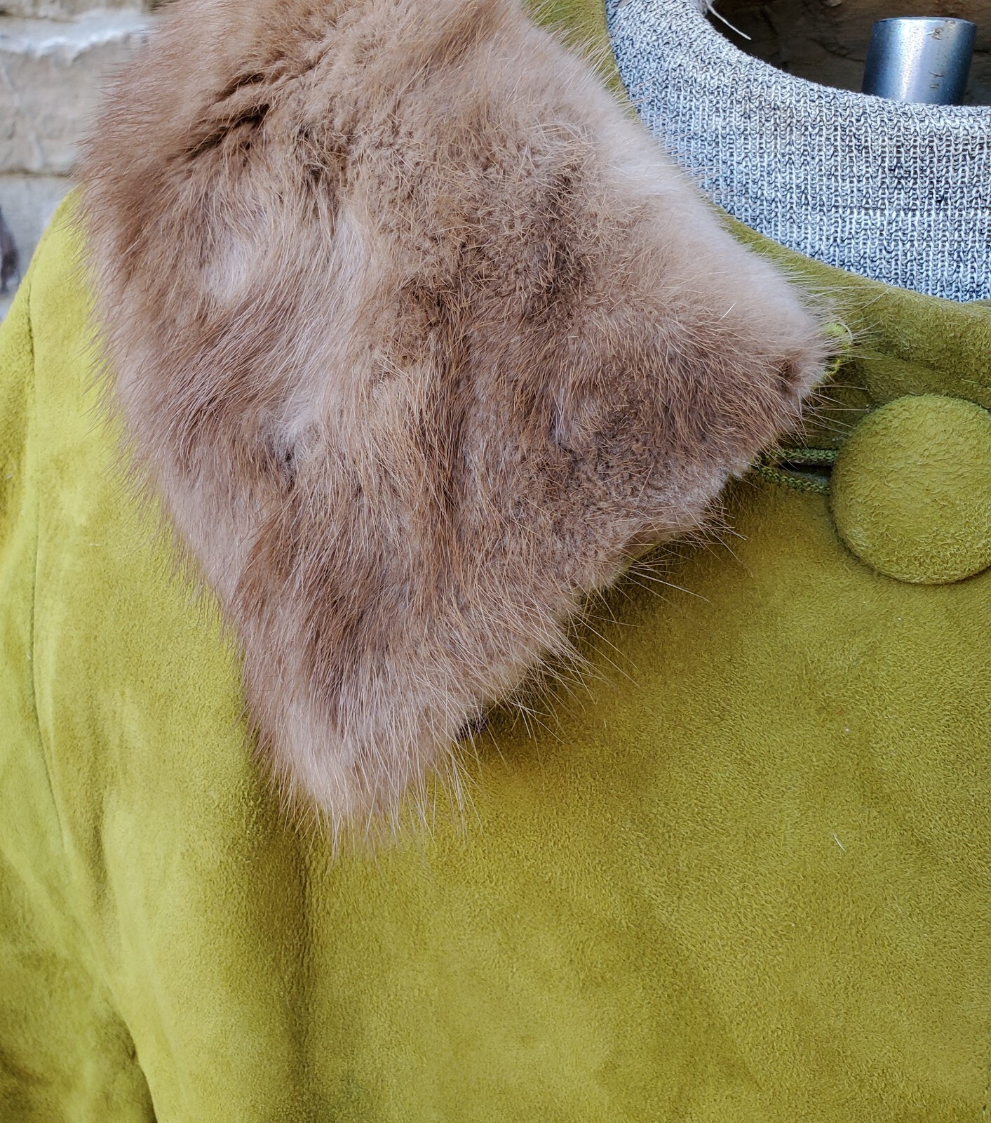 Vtg Suede Leather Coat Jacket With Real Fur Collar 1960s Mod Retro Teal Green S