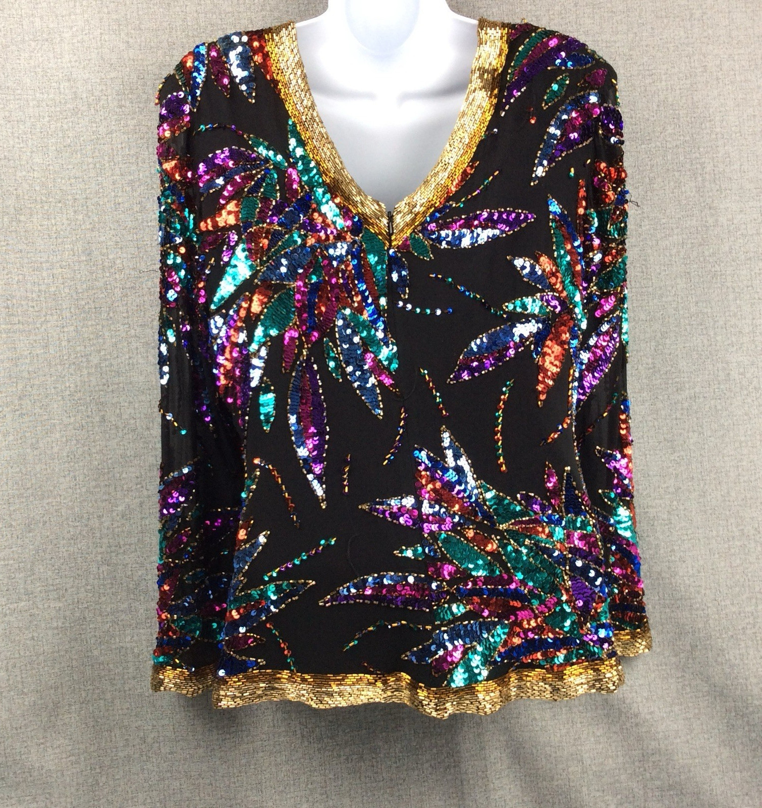 Oleg Cassini Black Tie Blouse Silk Colorful Sequin Beaded Top Vtg ?Sz S/M READ!