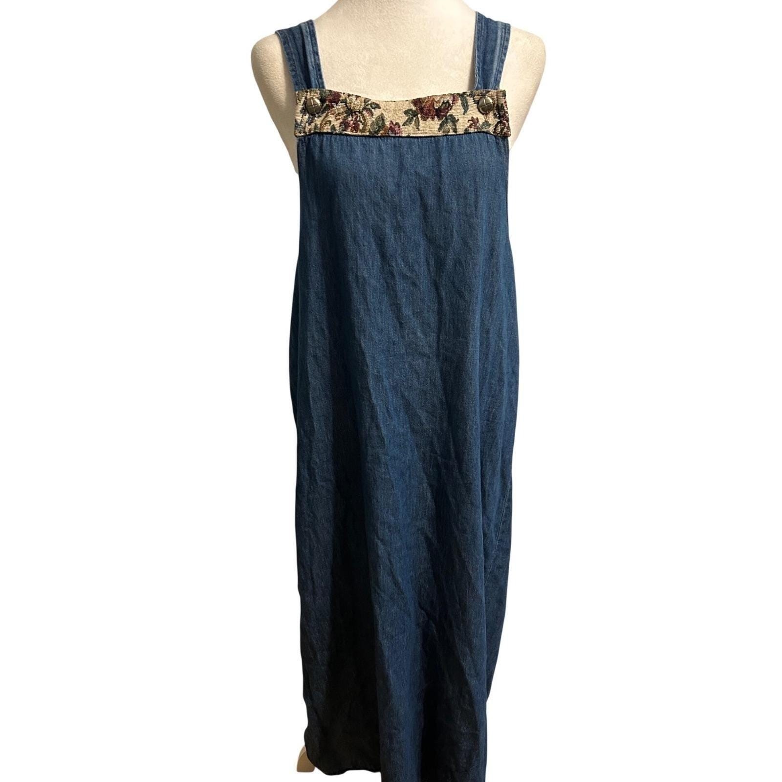 Vintage 90s Denim Jean boho folk bib dress overall 12 USA tapestry midi cotton