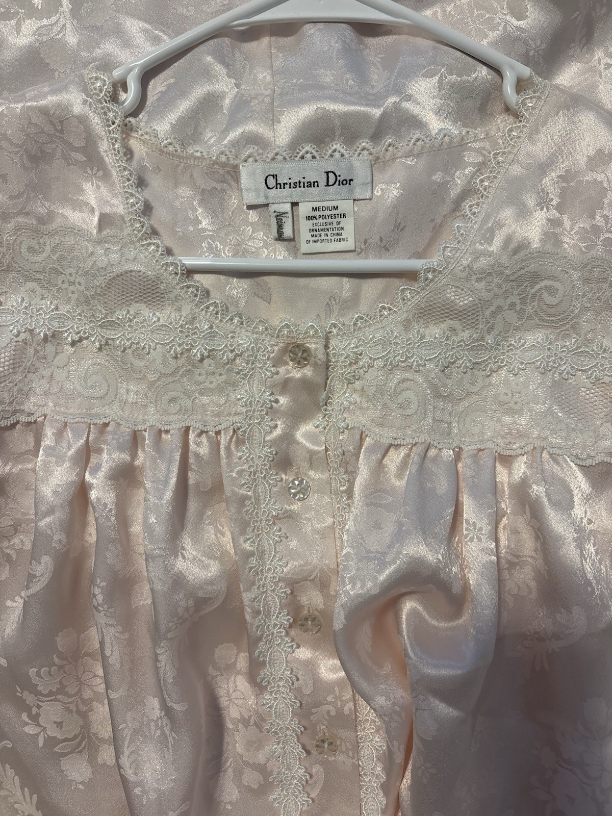 Christian Dior Pink Satin Lace Trim Nightgown, Size M Regular Polyester