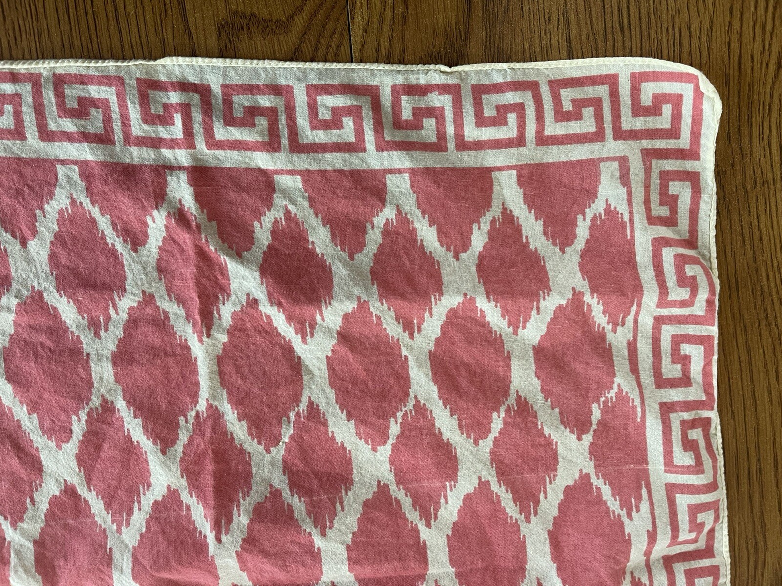 Vintage Coral Pink Cream Bandana Greek Key Diamond Print 19.5”x20.5”