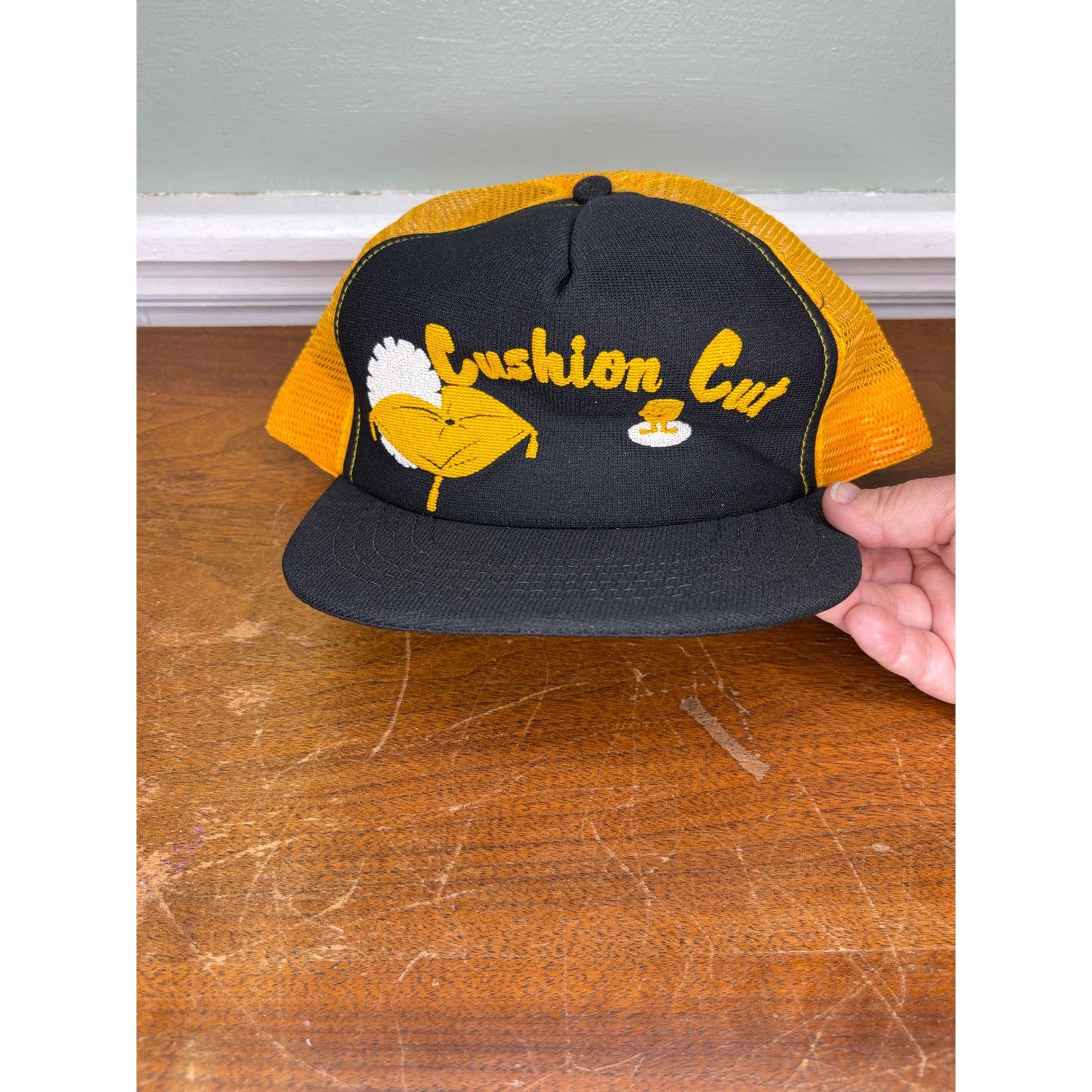 Vintage Cushion Cut Trucker Hat Mens Yellow Black Mesh Snapback Made in USA 80s