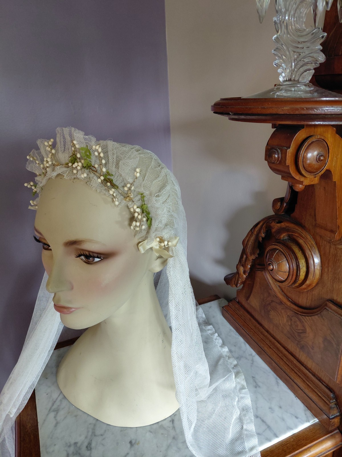 Antique Vintage 1920’s Wedding Bridal Veil Wax Orange Blossom Buds Peach Ribbons