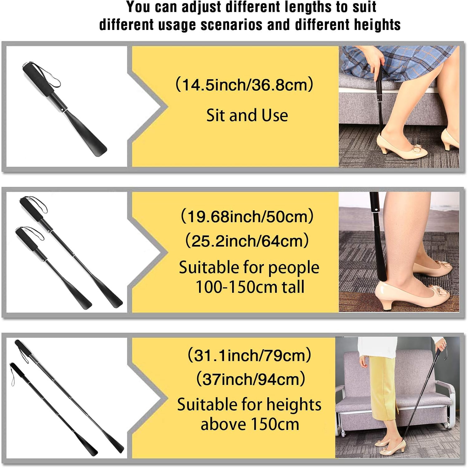 Shoe Horn Long Handle,14.5″-37″ Retractable Shoe Horn,Aluminum Shoe Horn for Men