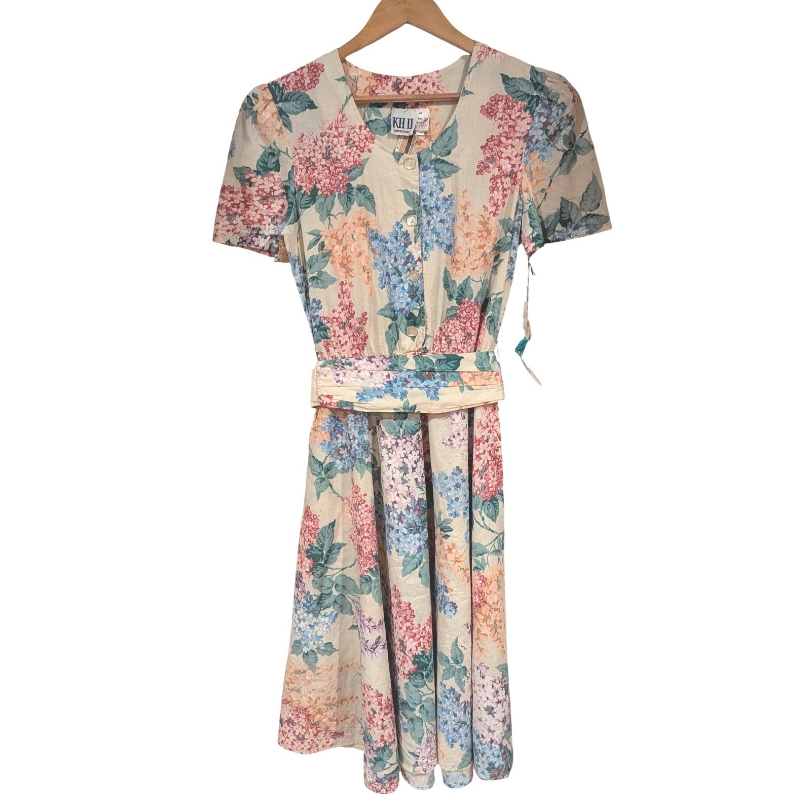 KH II Sportswear Floral Midi Dress 12 Cream Cotton Hydrangea Belted Vintage USA